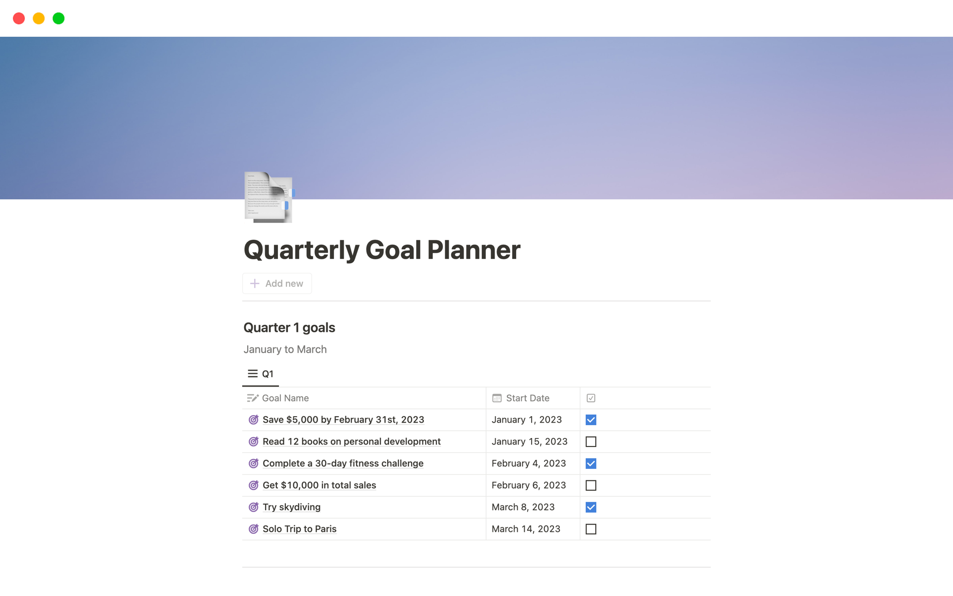 The Quarterly Goal Planner is a goal-setting template that allows you to add and organize your goals within each quarter, from Quarter 1 to Quarter 4.