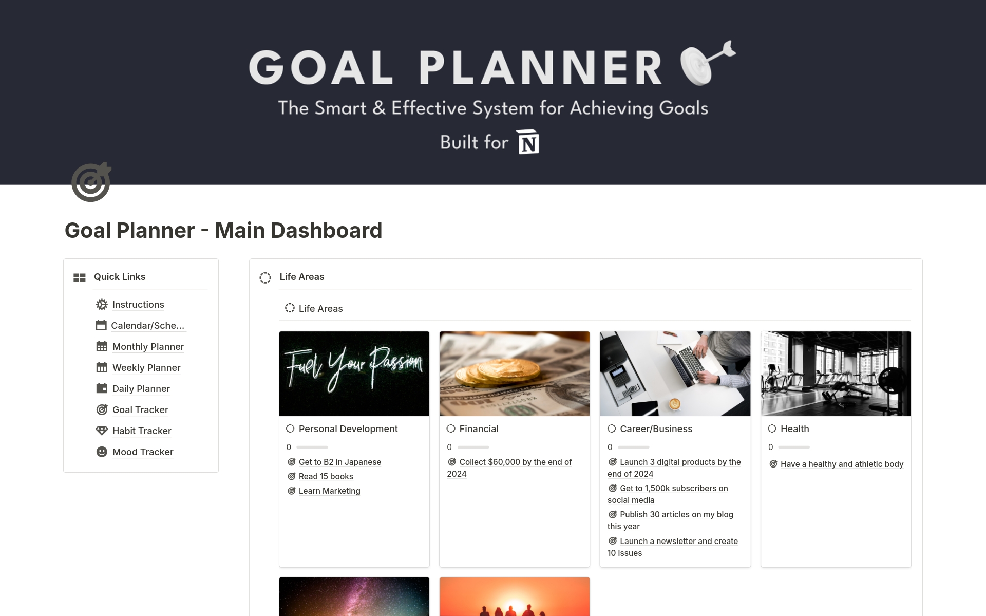 Eine Vorlagenvorschau für Goal Planner