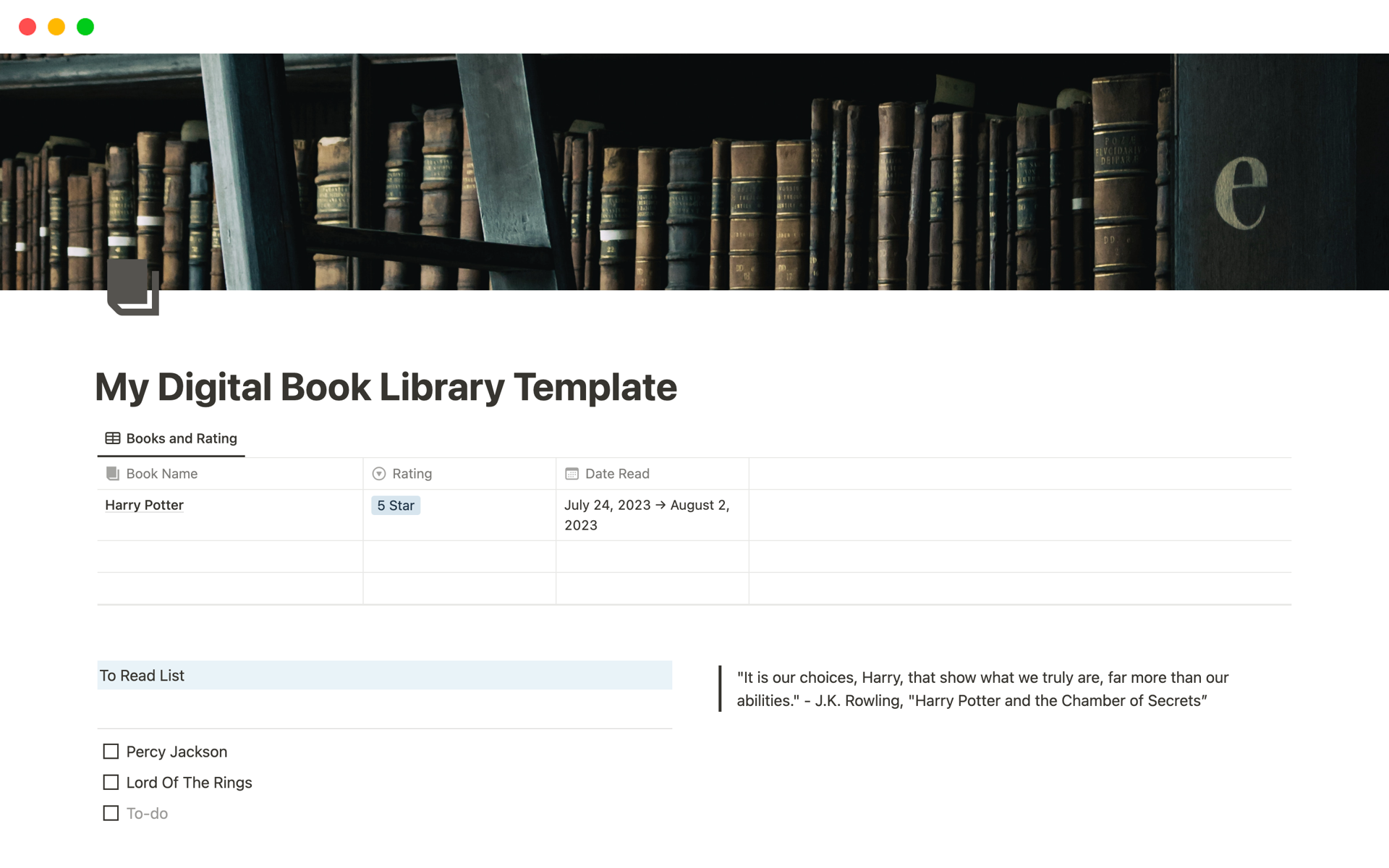 En förhandsgranskning av mallen för My Digital Book Library