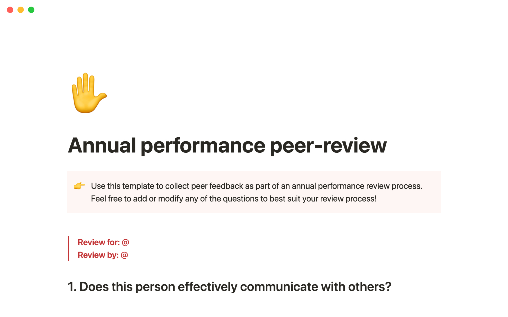 Vista previa de una plantilla para Annual performance peer-review