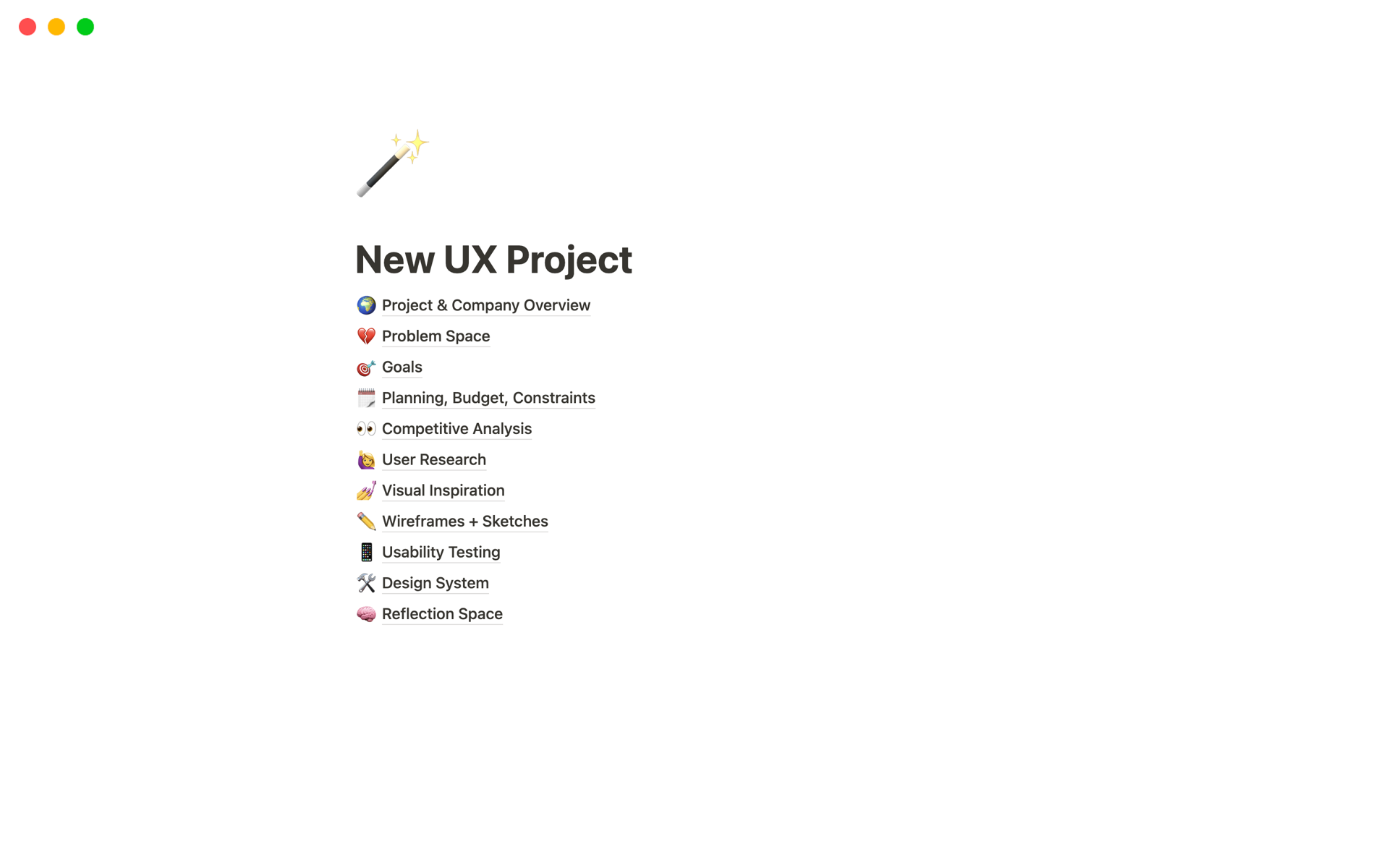 Vista previa de plantilla para UX Project Structure
