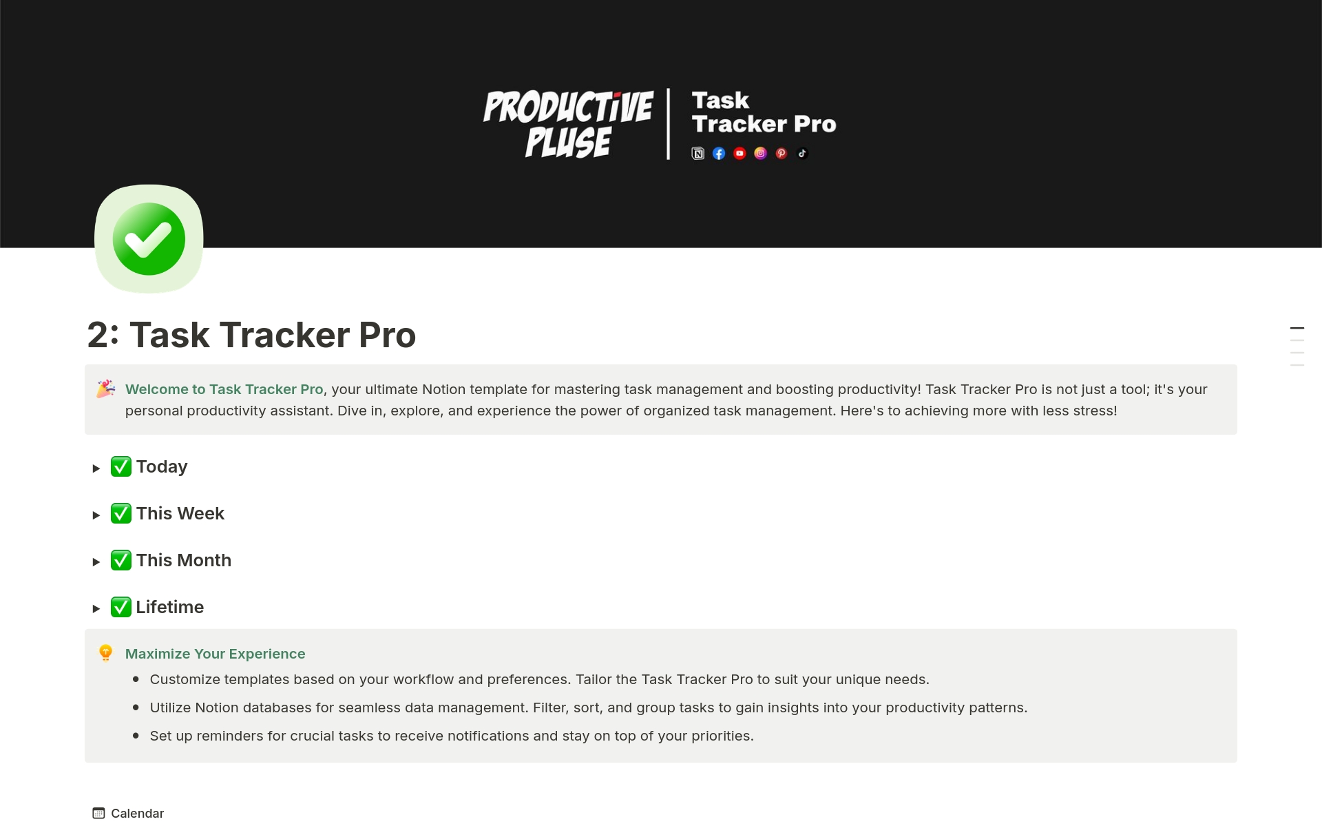 Task Tracker Pro is an ultimate Notion template for mastering task management and boosting productivity!