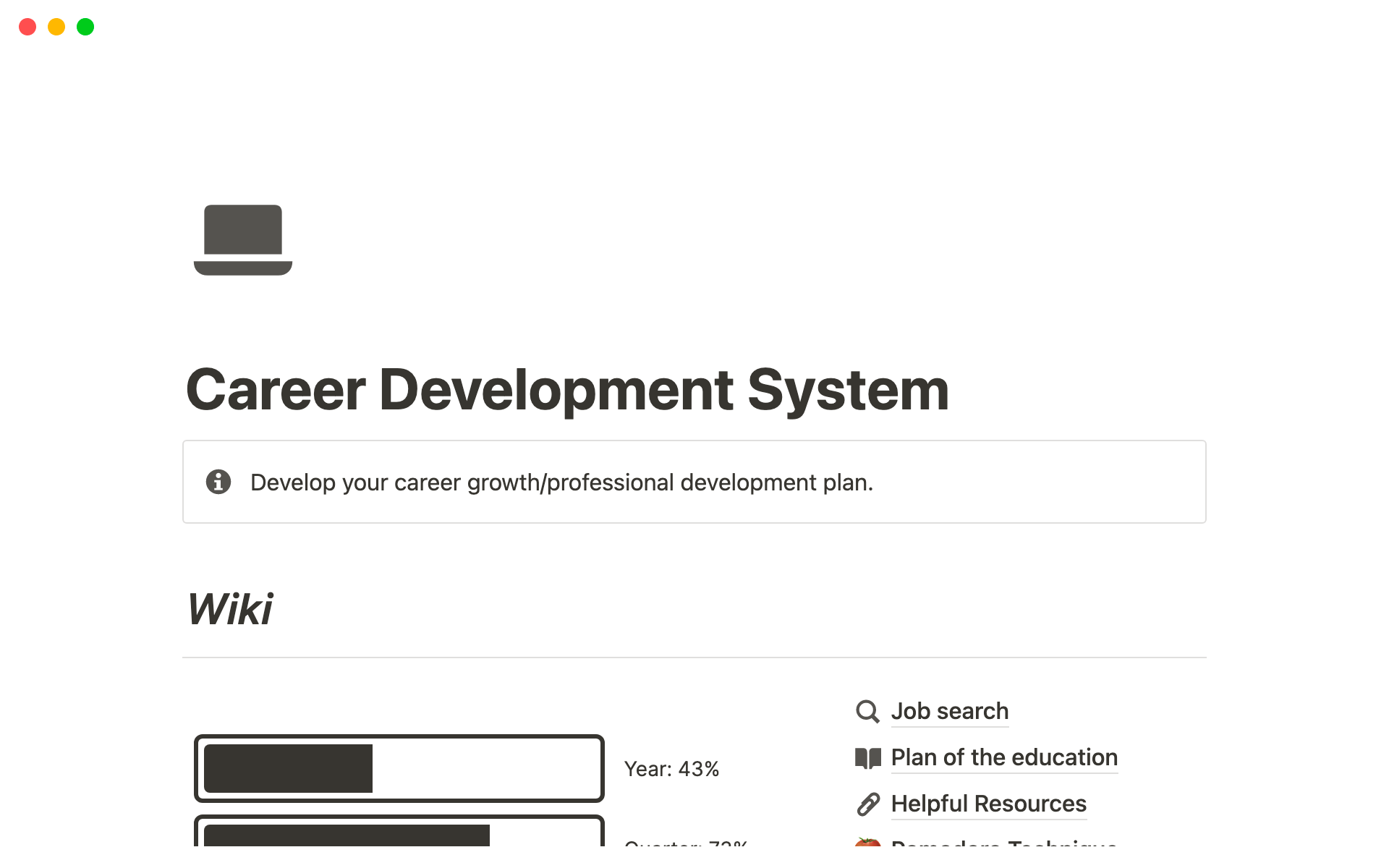 En forhåndsvisning av mal for Career Development System