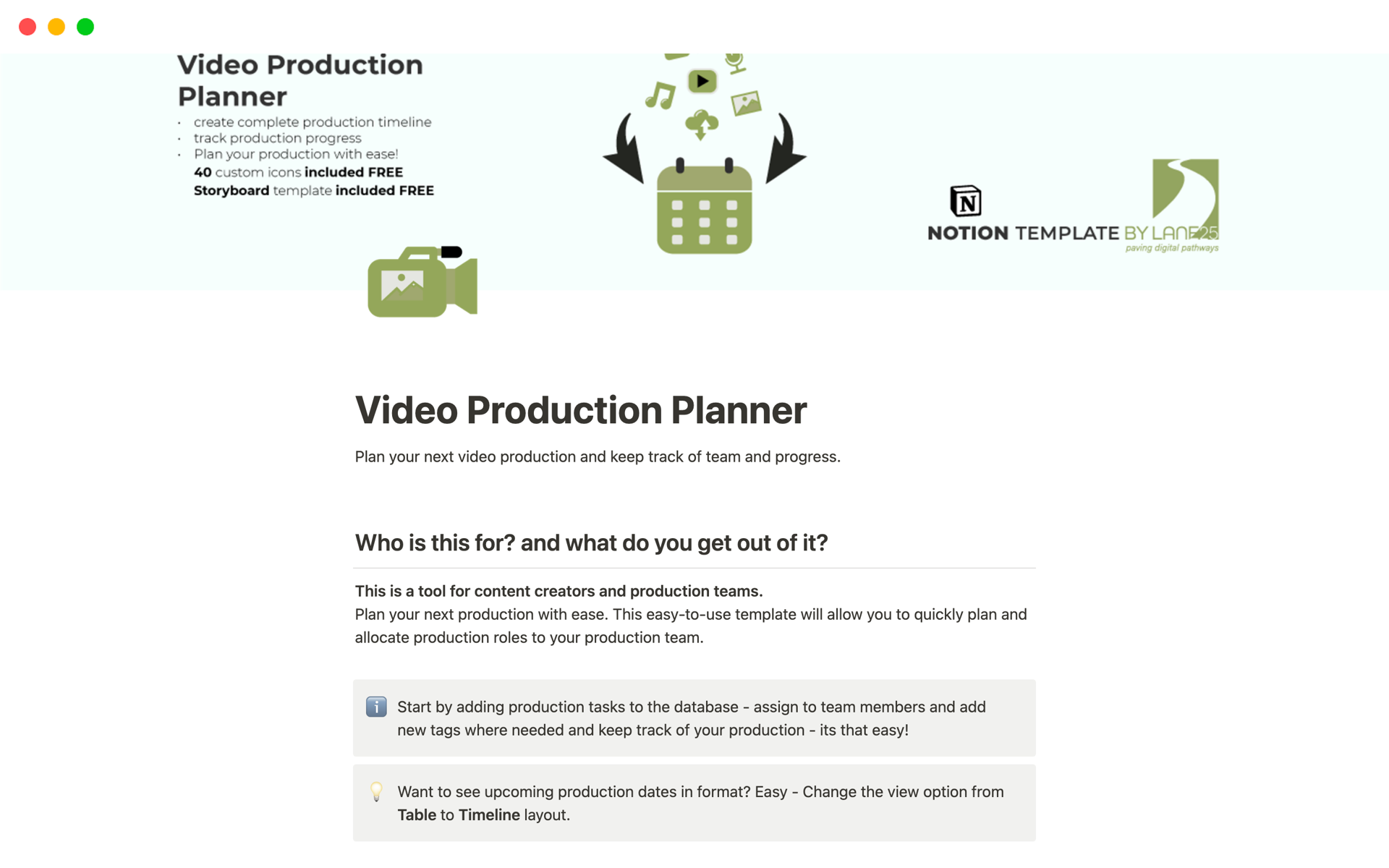 En forhåndsvisning av mal for Video Production Planner
