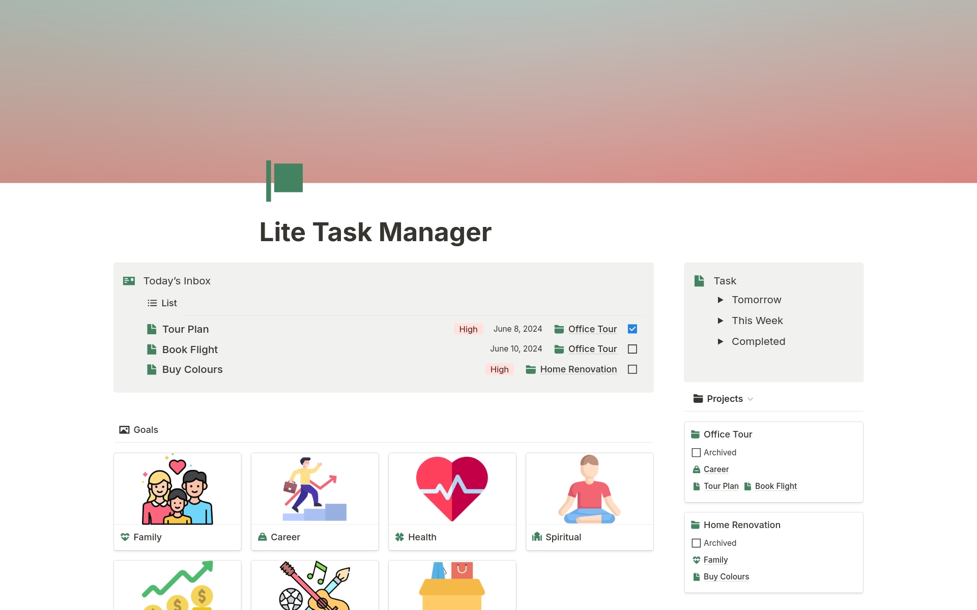 Introducing the "Lite Task Manager" Notion Template! 💼

Boost your productivity and stay organized with our easy-to-use template. Key features include:

🔹 Simple Dashboard View: See tasks and priorities at a glance.

🔹 Weekly and Monthly View: Plan your schedule and set goal