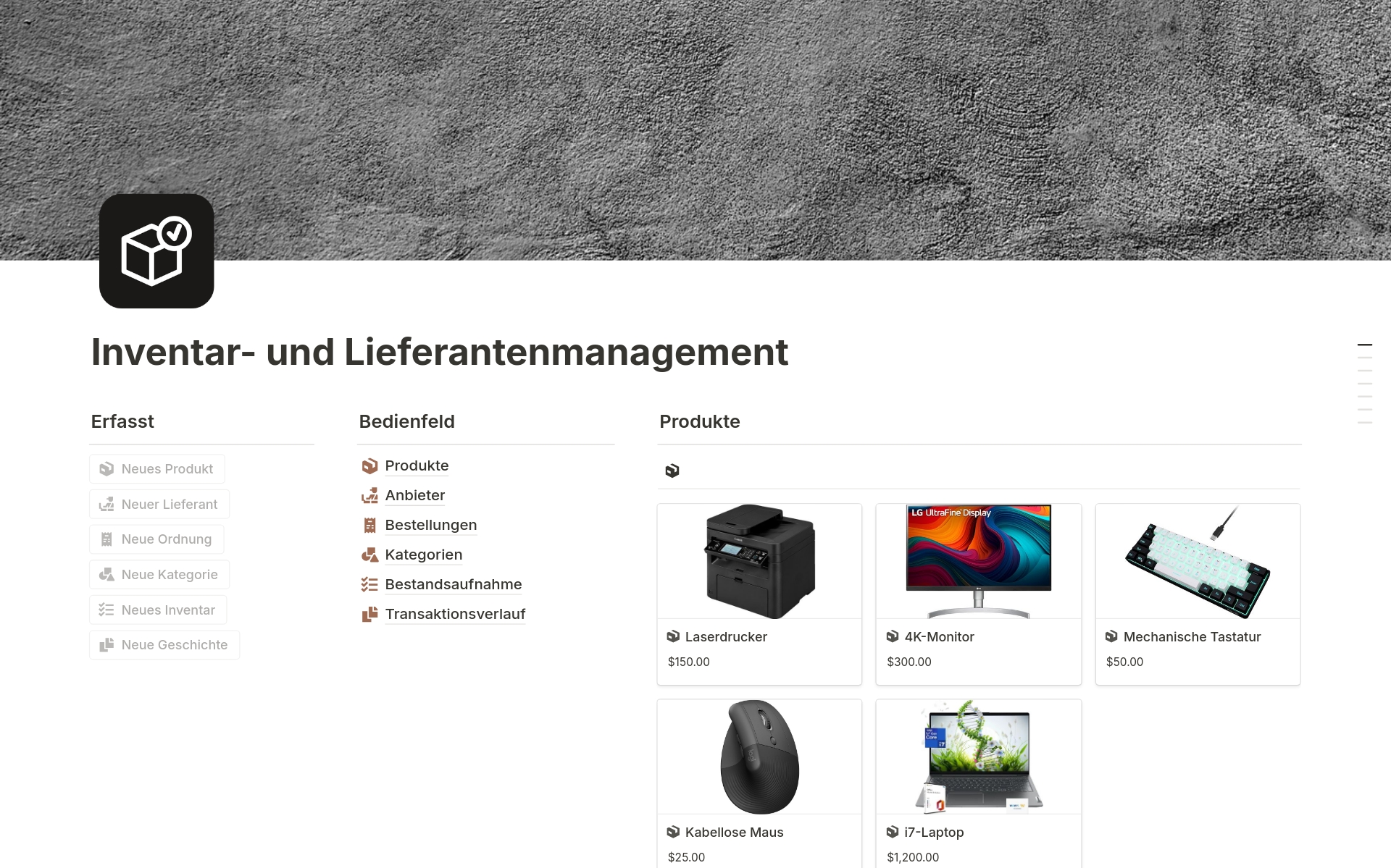 A template preview for Inventar- und Lieferantenmanagement