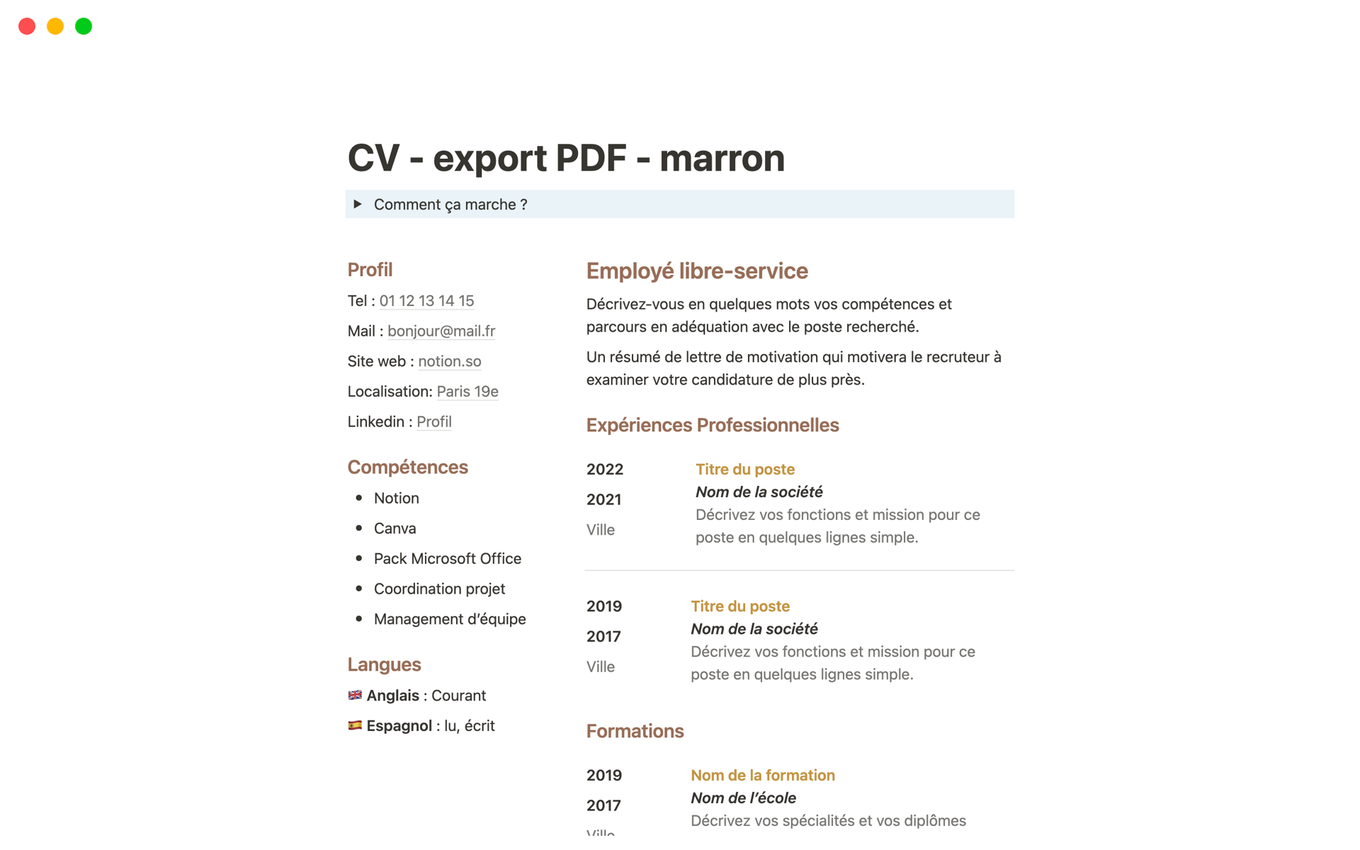 En forhåndsvisning av mal for CV simple pour export PDF - marron