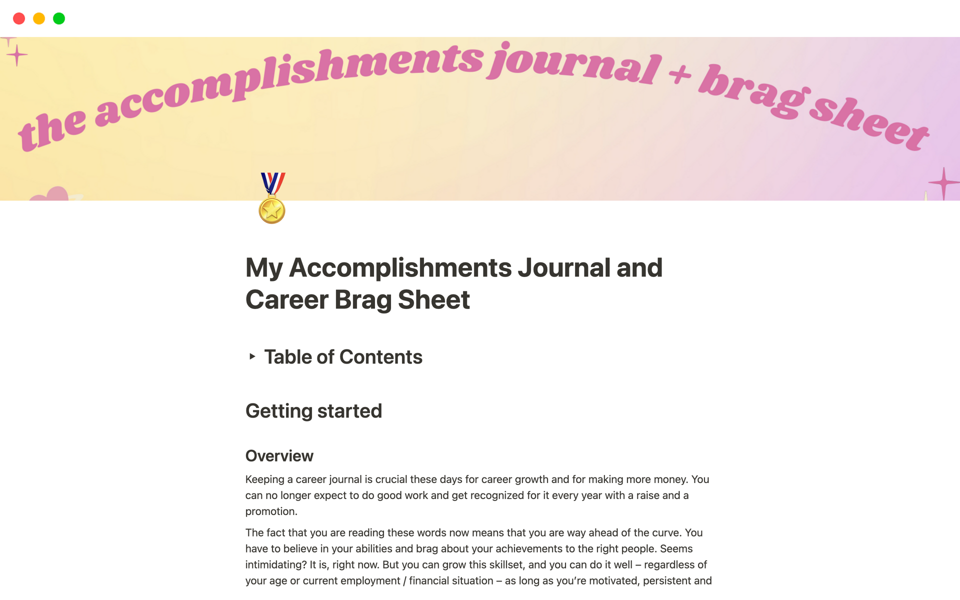 Uma prévia do modelo para My Accomplishments Journal and Career Brag Sheet