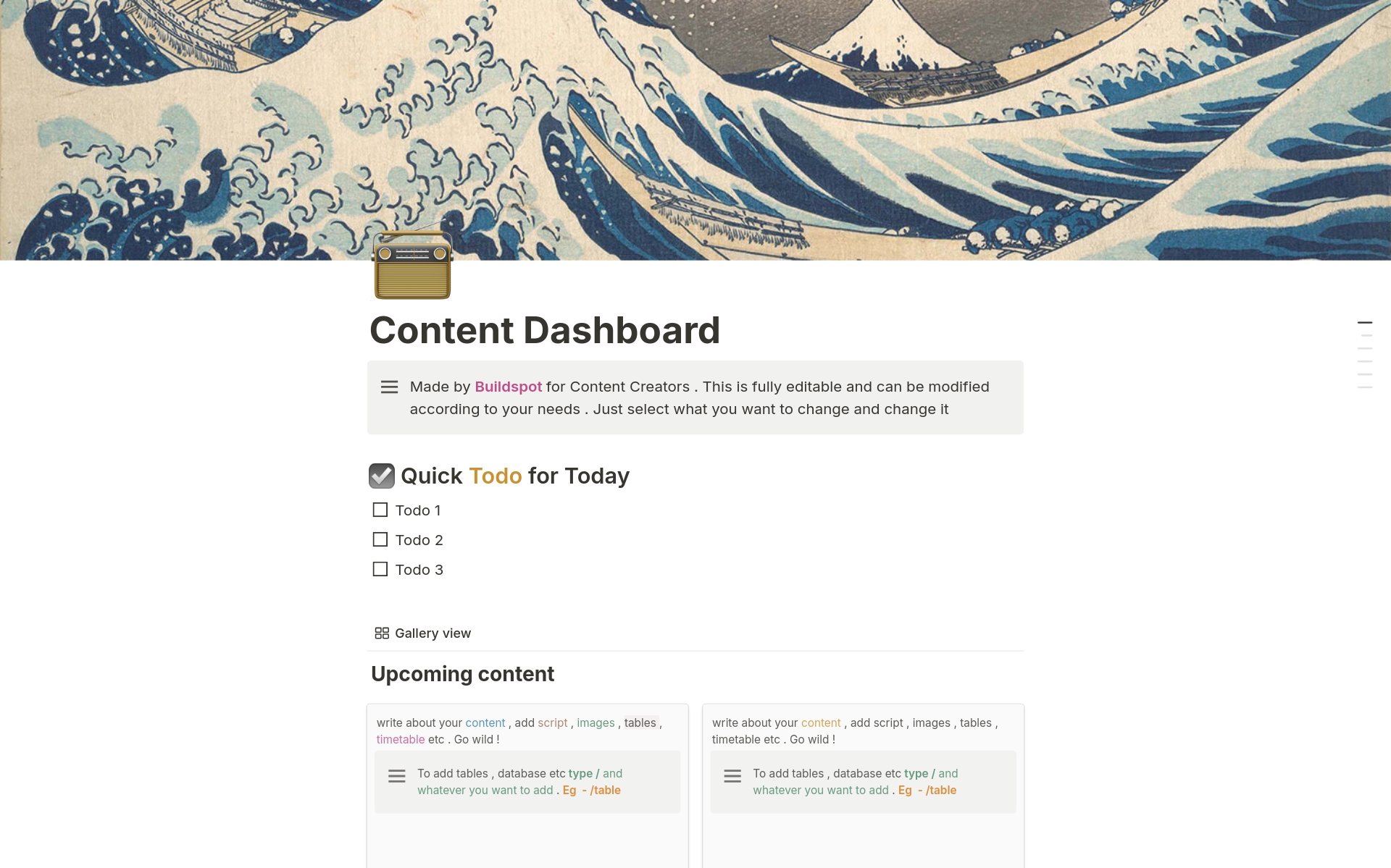 A template preview for Content Dashboard
