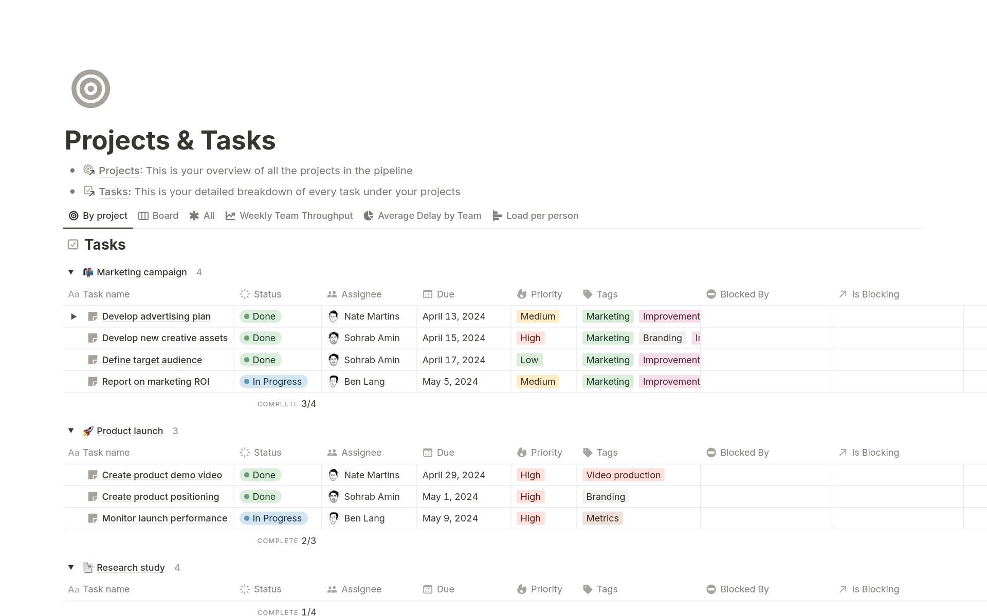 A template preview for Projects & Tasks