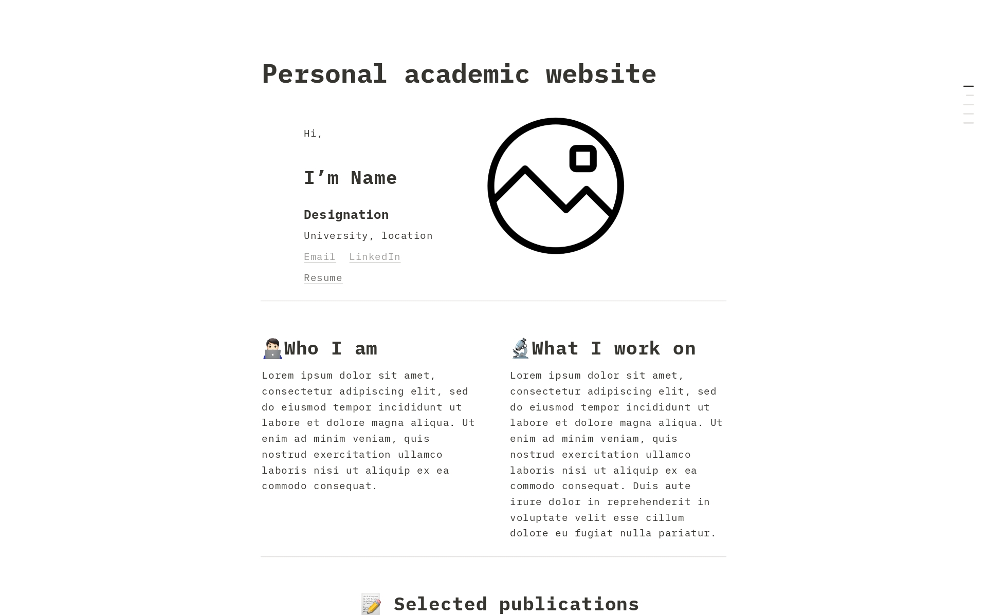 En forhåndsvisning av mal for Personal academic website