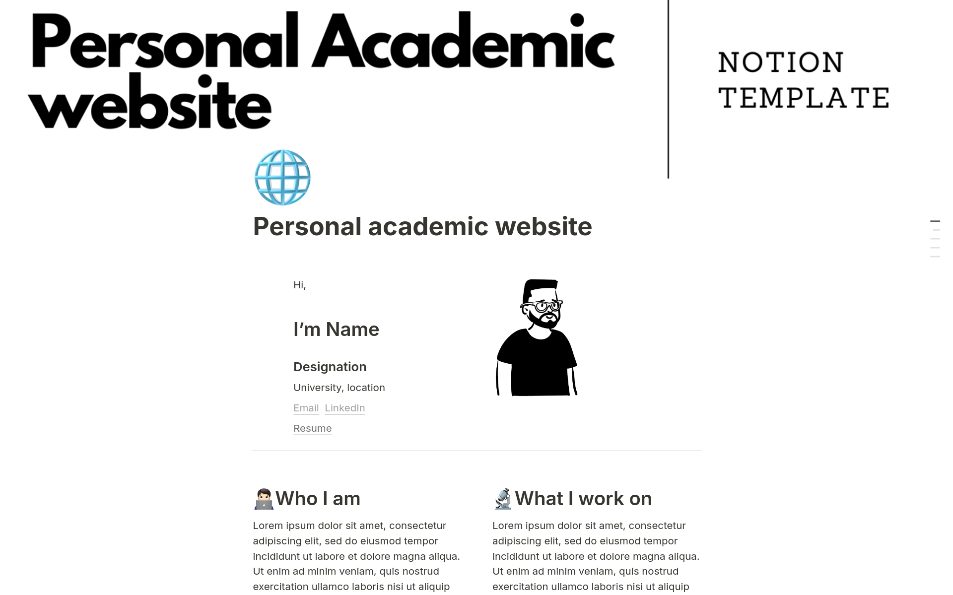 En forhåndsvisning av mal for Personal academic website