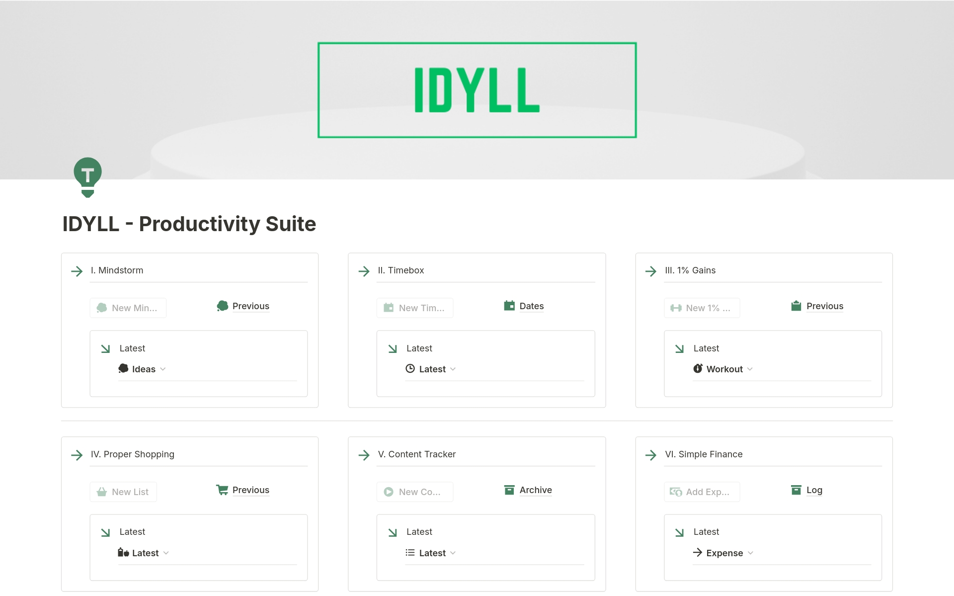 Vista previa de una plantilla para IDYLL: Productivity Tools 