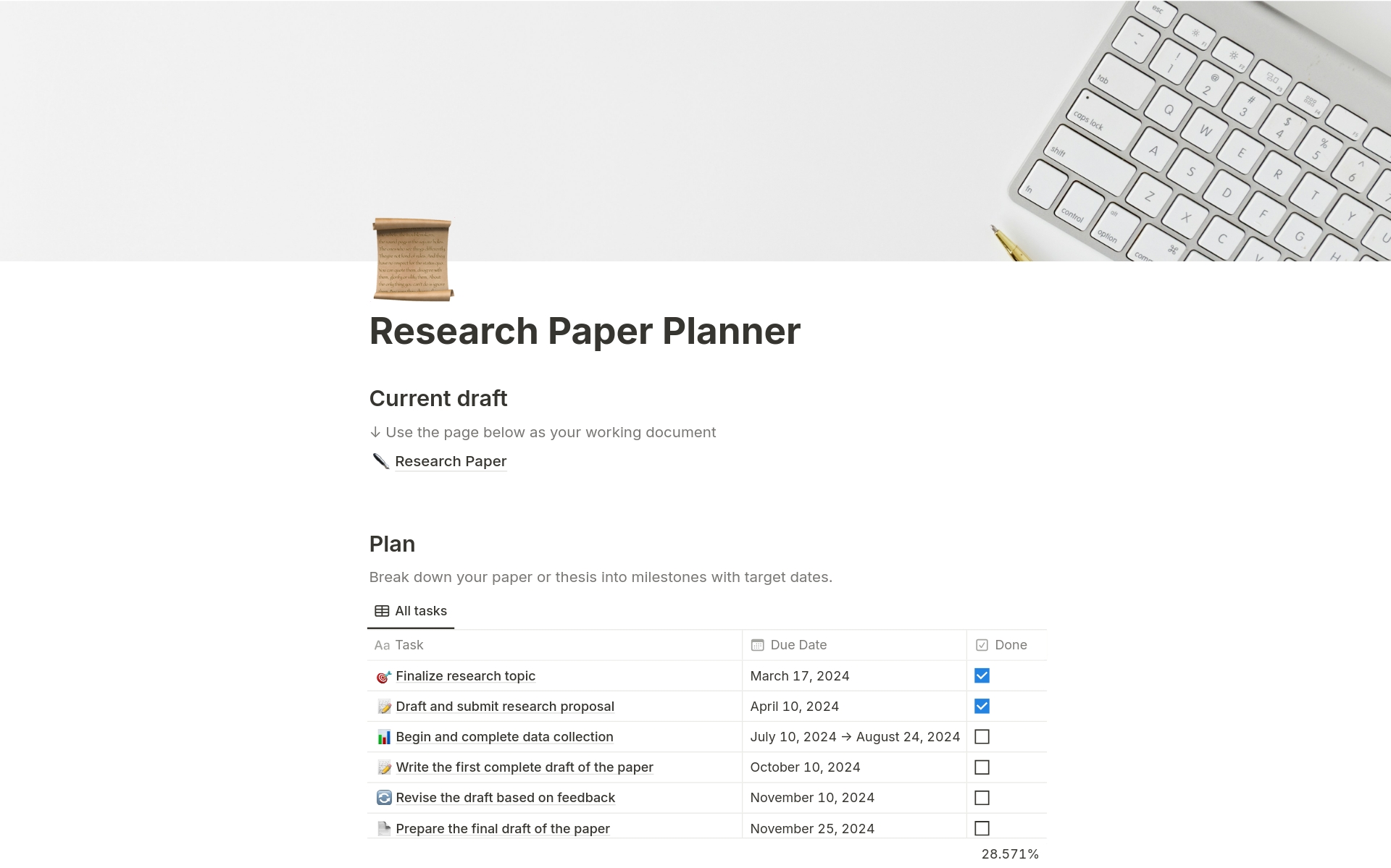 En forhåndsvisning av mal for Research Paper Planner