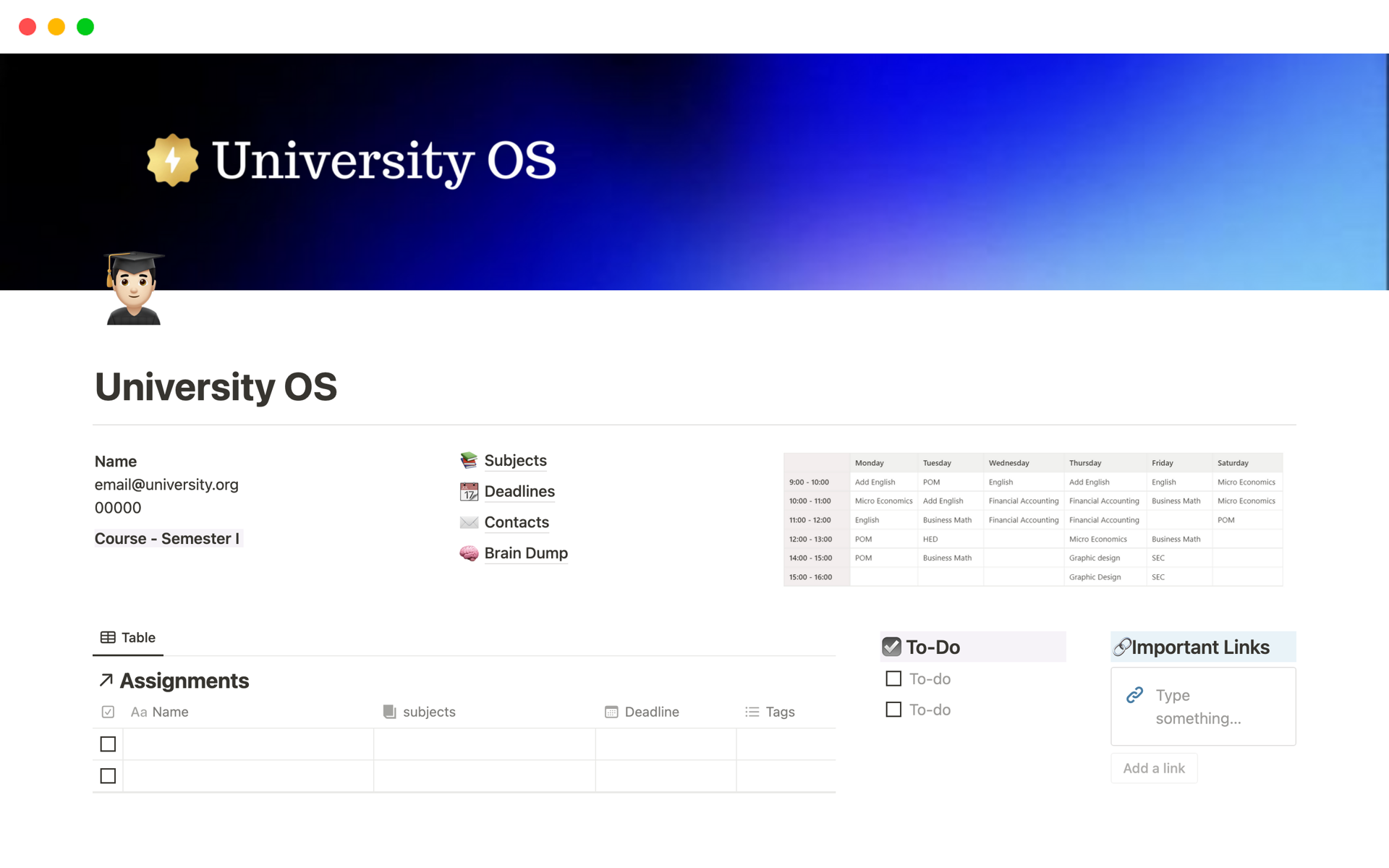 A template preview for University OS
