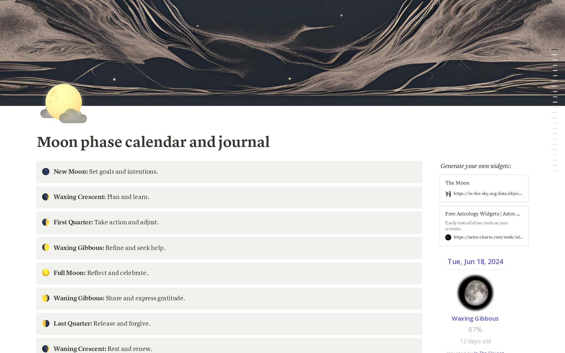 A template preview for Moon phase calendar and journal