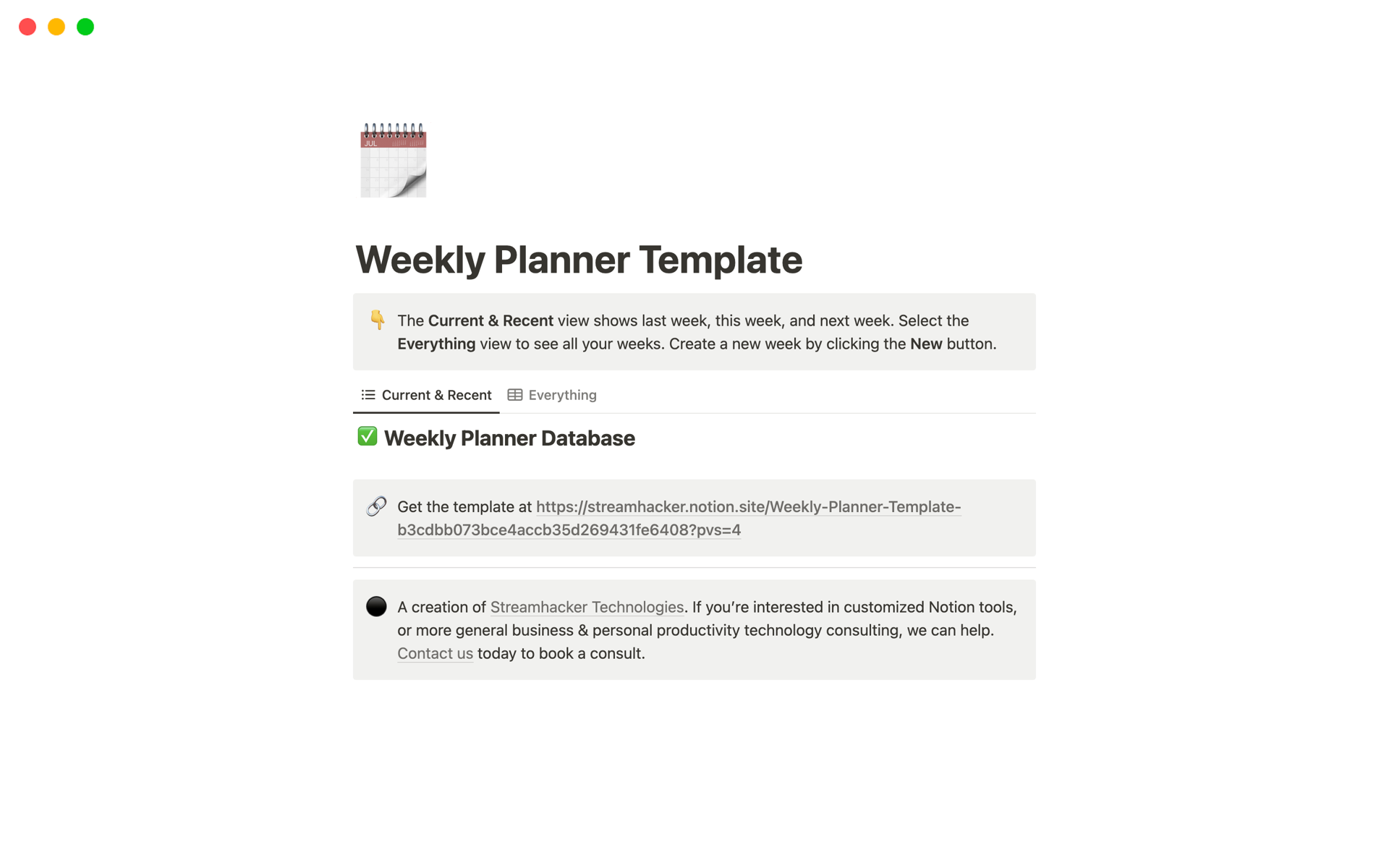 En förhandsgranskning av mallen för Weekly Planner Template