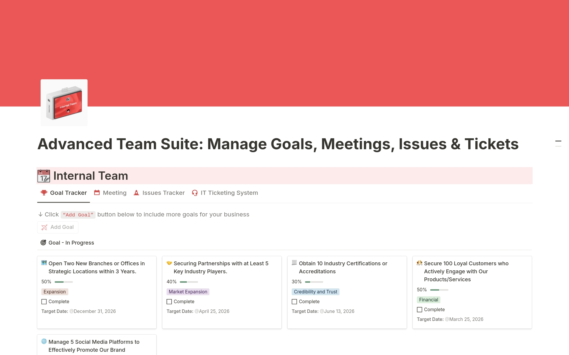 Supercharge your team's productivity and collaboration:
✓ Goal Tracker: Track team objectives visually
✓ Meeting Management: Focus meetings with linked tasks
✓ Issue Tracker: Prioritize and visualize issues
✓ IT Ticketing System: Manage IT requests efficiently