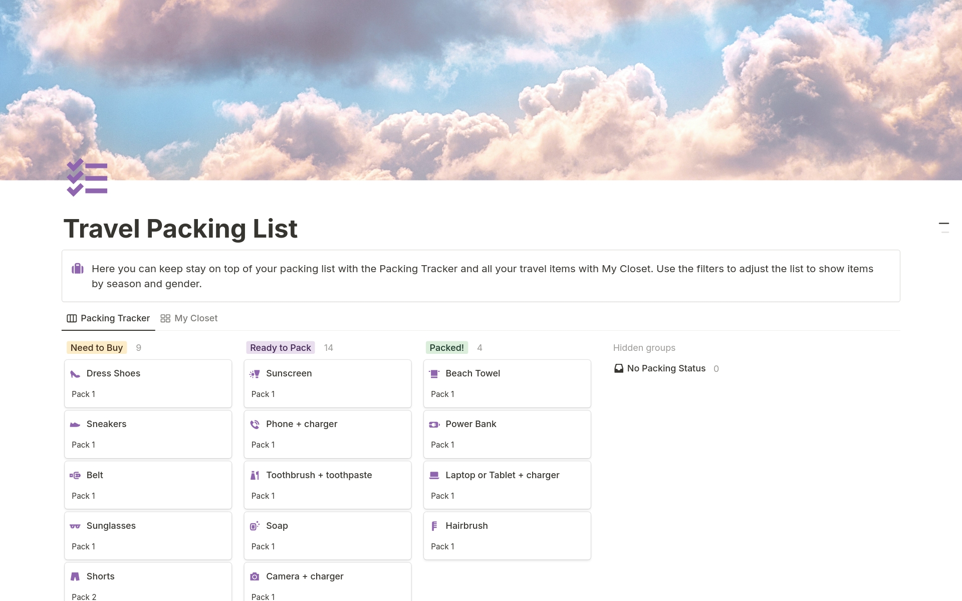 A template preview for Travel Packing List