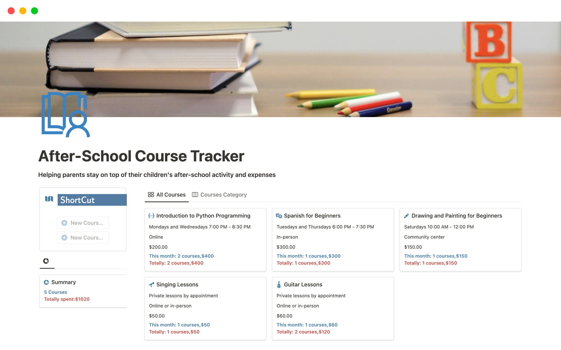 Simplify your life and ensure your child's success with the "After-School Courses Tracker" – the all-in-one solution for effortless management of your child's extracurricular activities, from attendance and budget control to tailored customization, all at your fingertips.