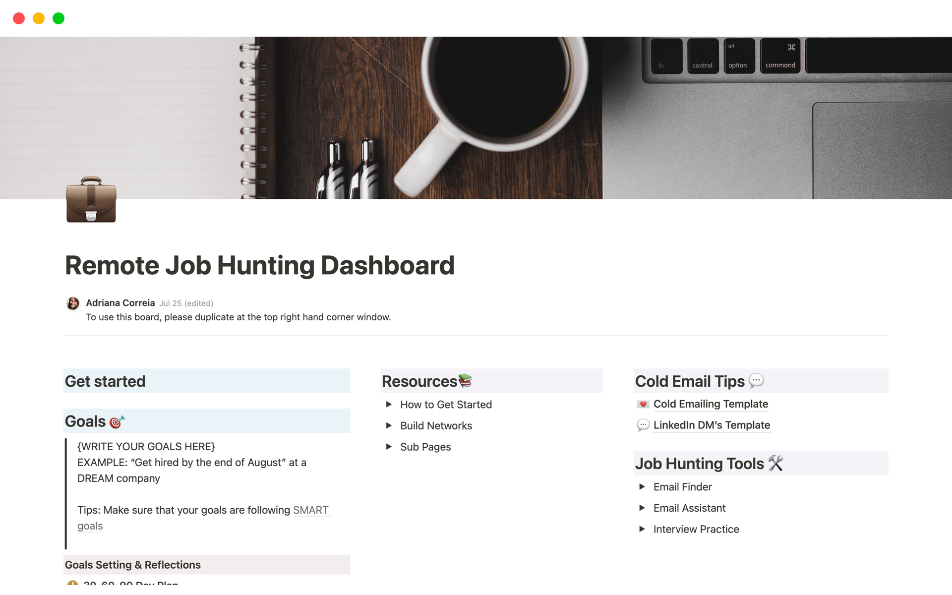 En förhandsgranskning av mallen för Remote Job Hunting Dashboard