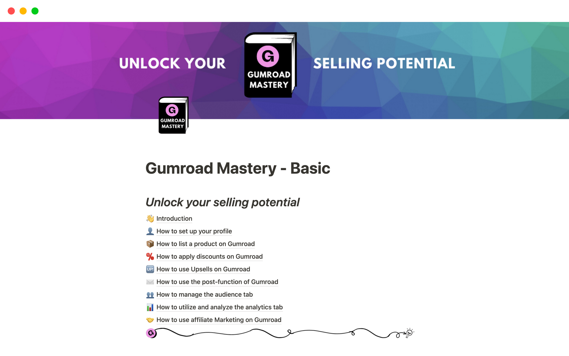 En förhandsgranskning av mallen för Gumroad Mastery - Basic