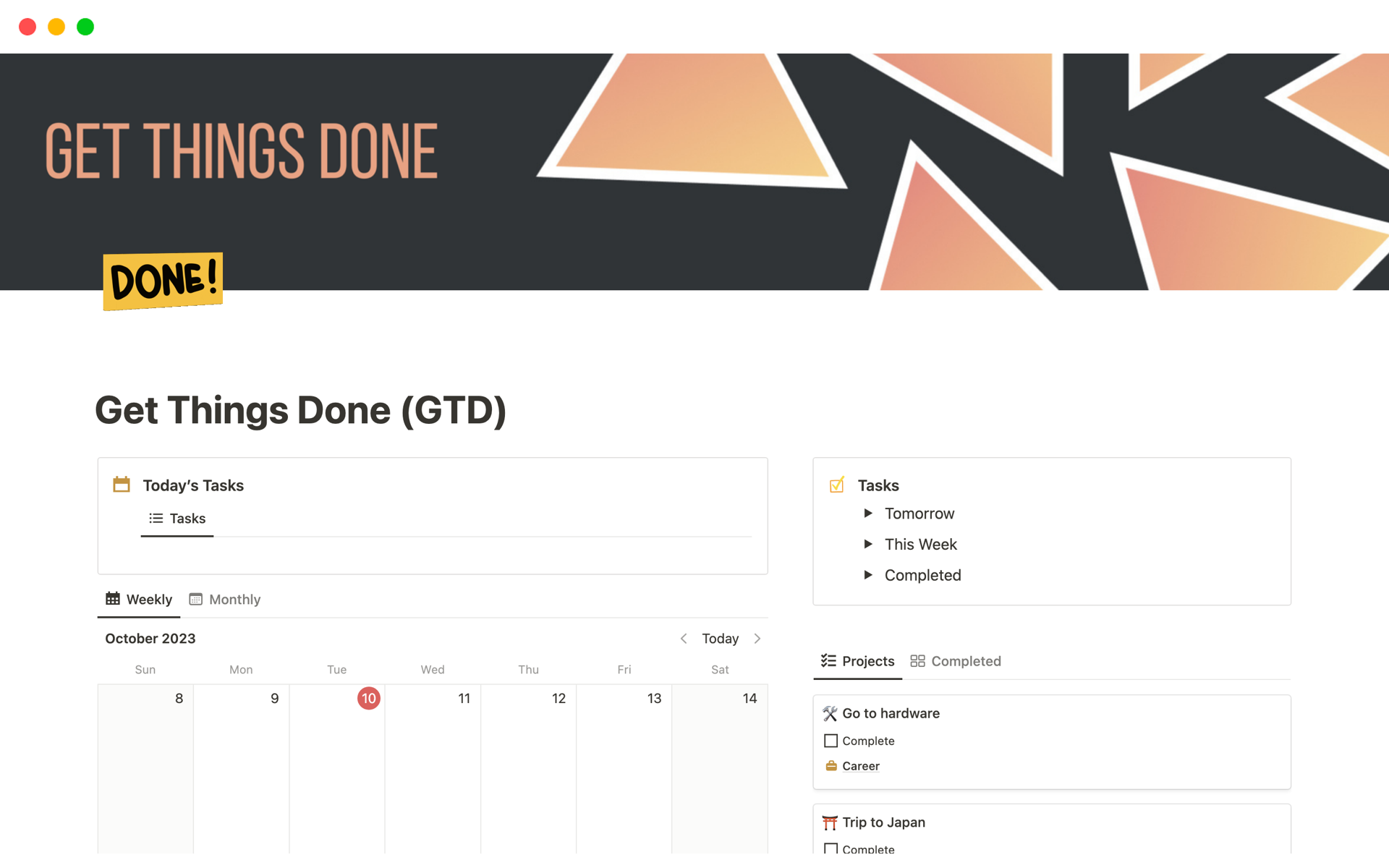 A template preview for Get Things Done (GTD)