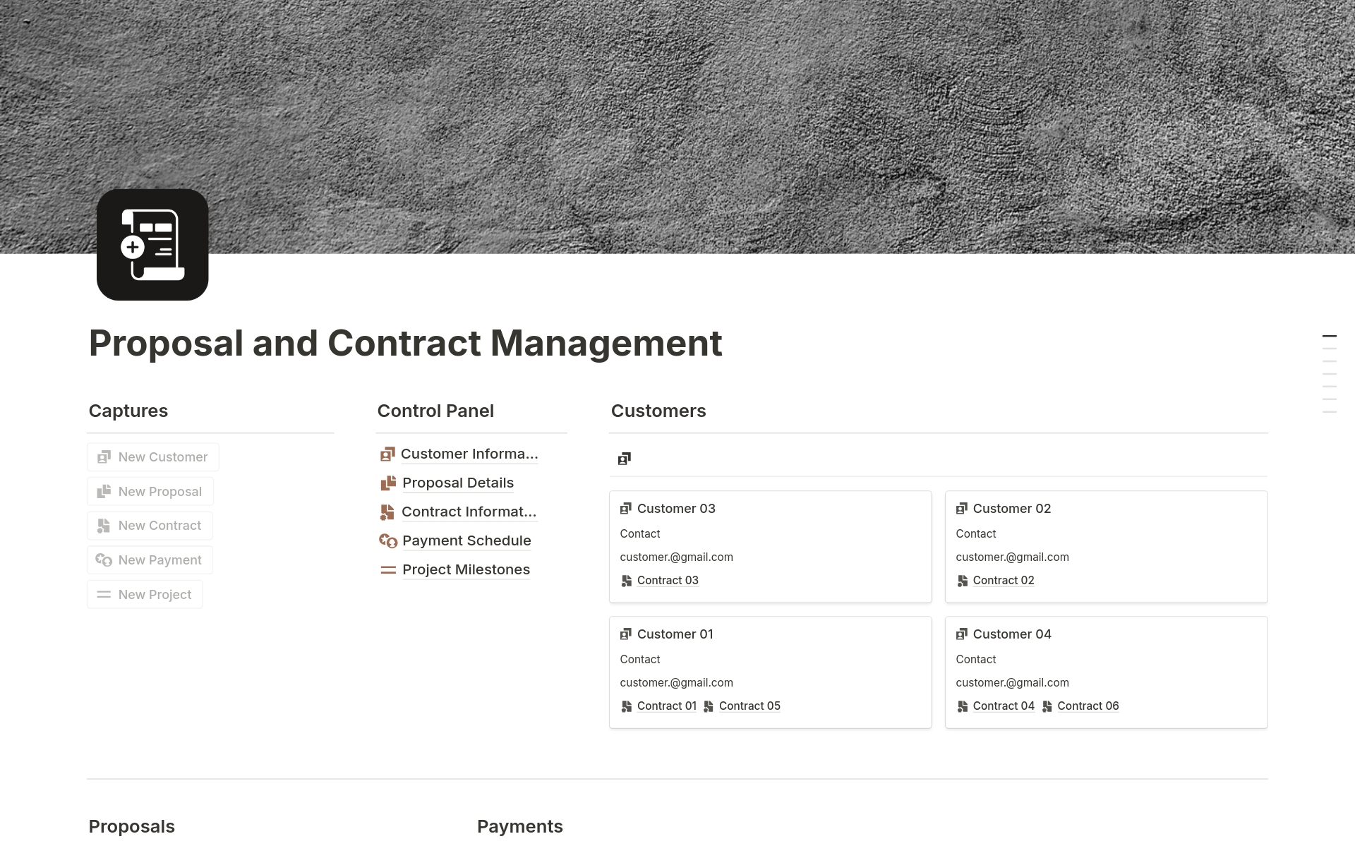 En forhåndsvisning av mal for Proposal and Contract Management 