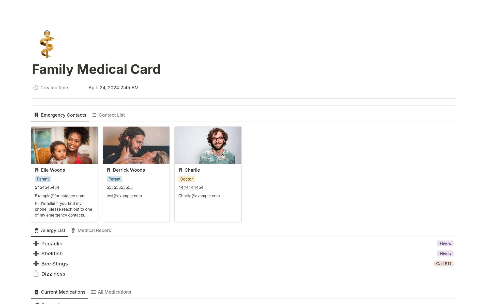 A template preview for Family Medical Id