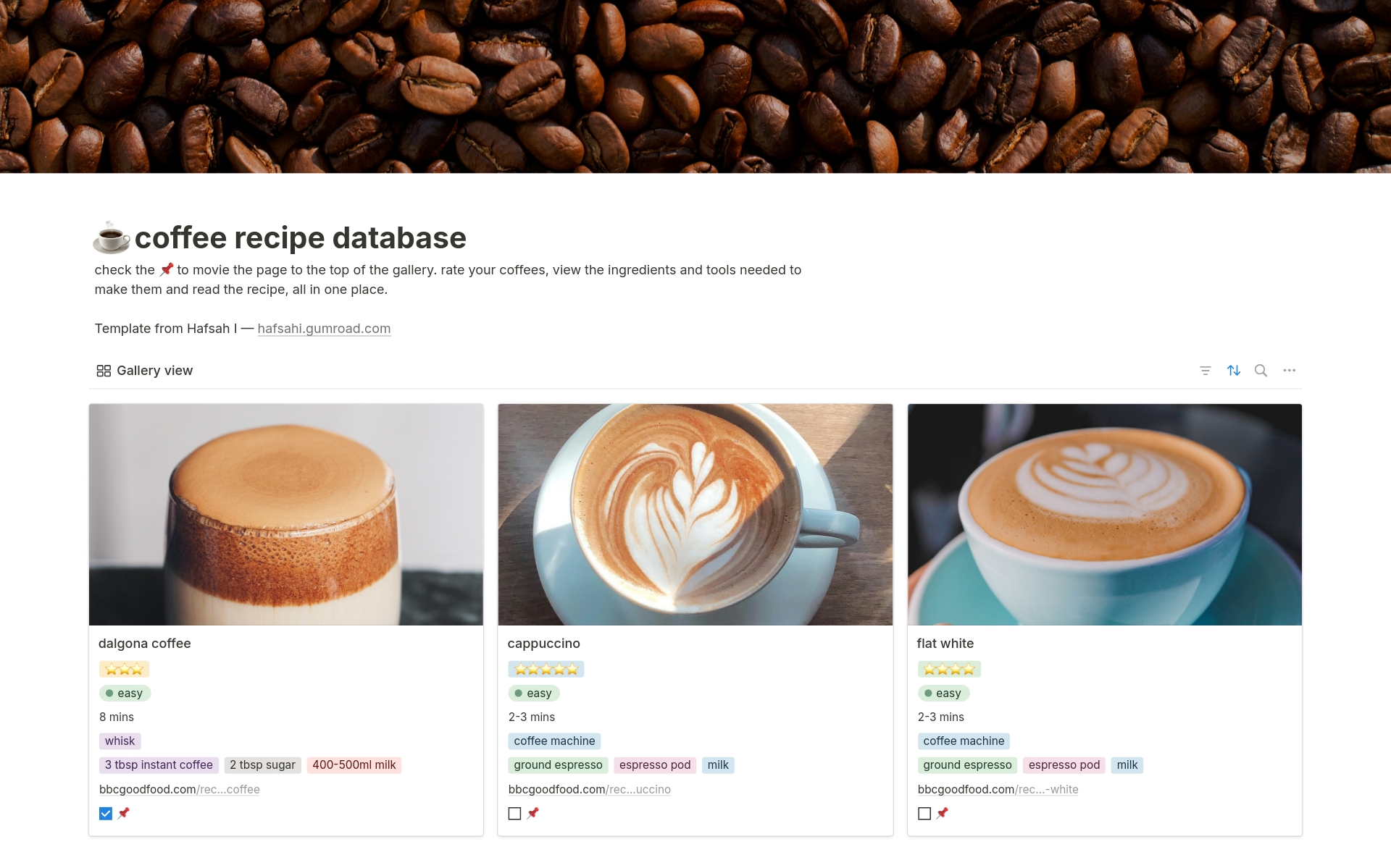 A template preview for Coffee Recipe Database
