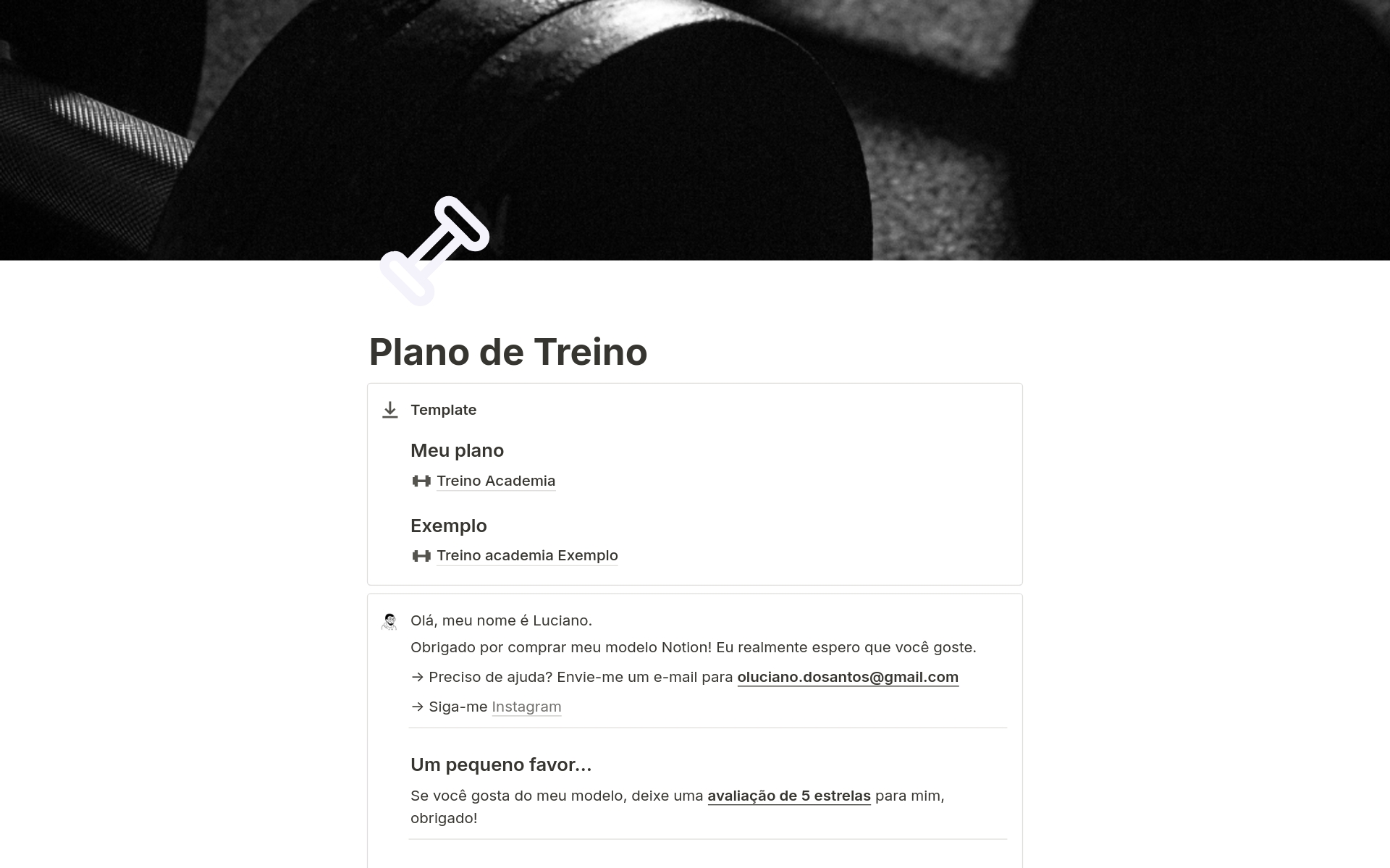A template preview for Plano de Treino