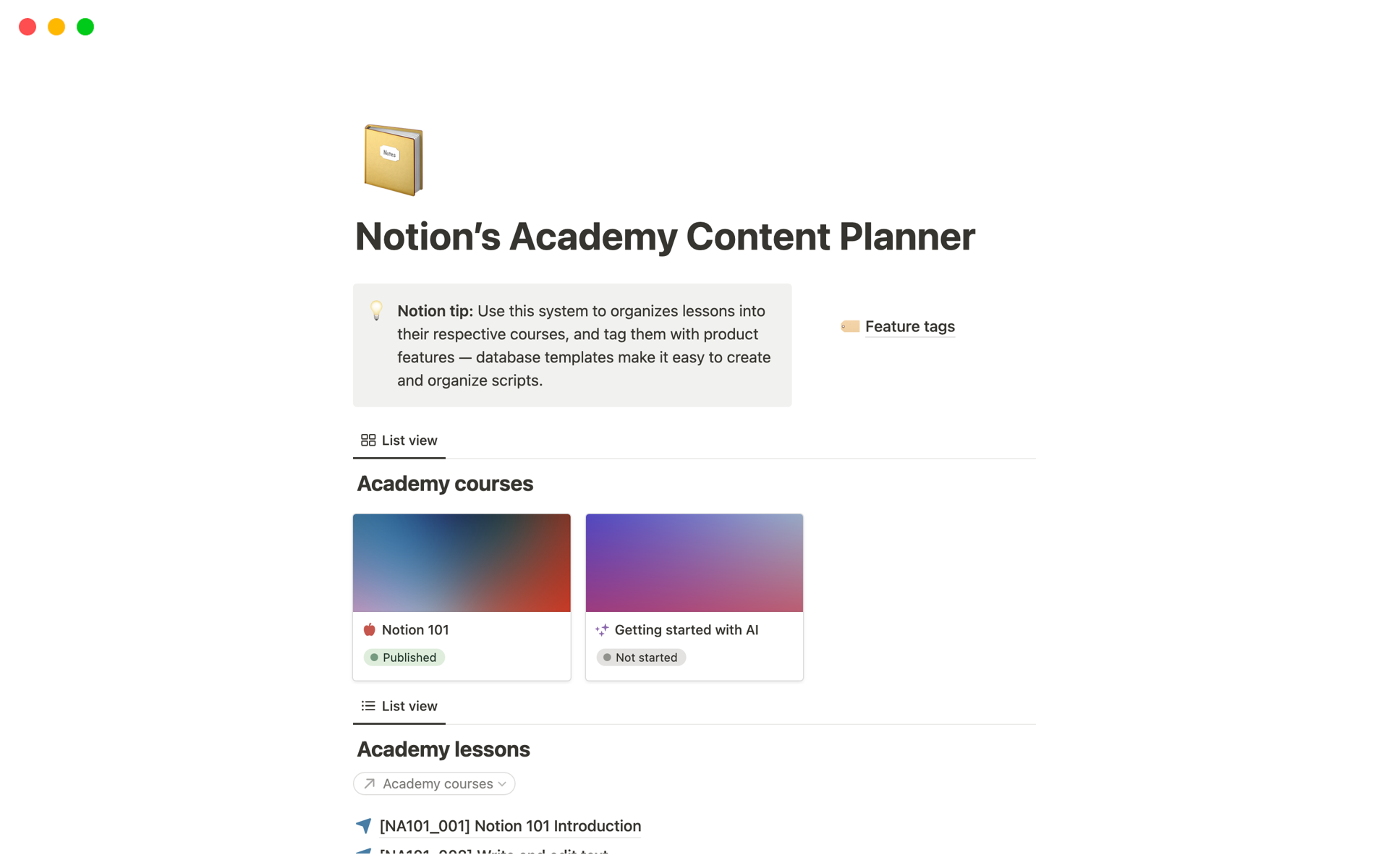 En forhåndsvisning av mal for Notion’s Academy Content Planner