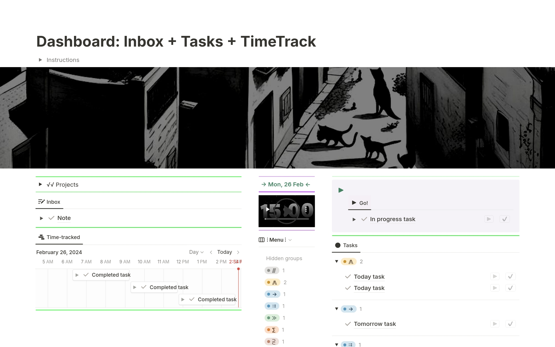 En forhåndsvisning av mal for Dashboard: Inbox + Tasks + TimeTrack