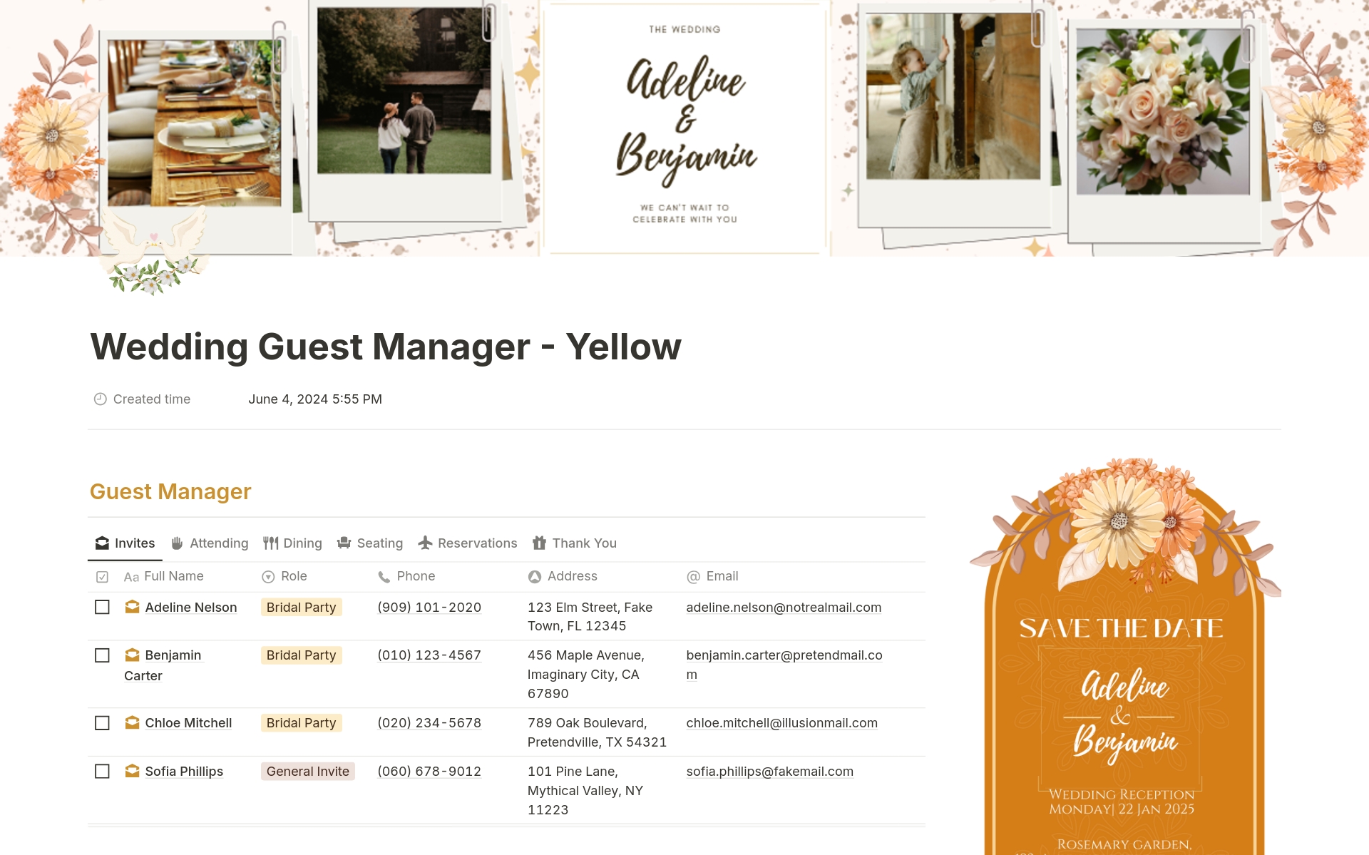 A template preview for Wedding Guest Manager Yellow Theme