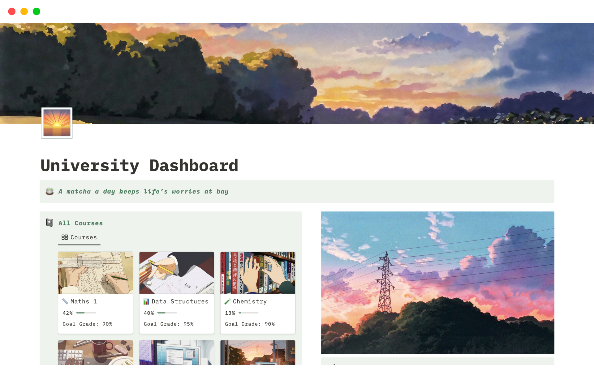 Vista previa de plantilla para Sunset Serenity University Dashboard