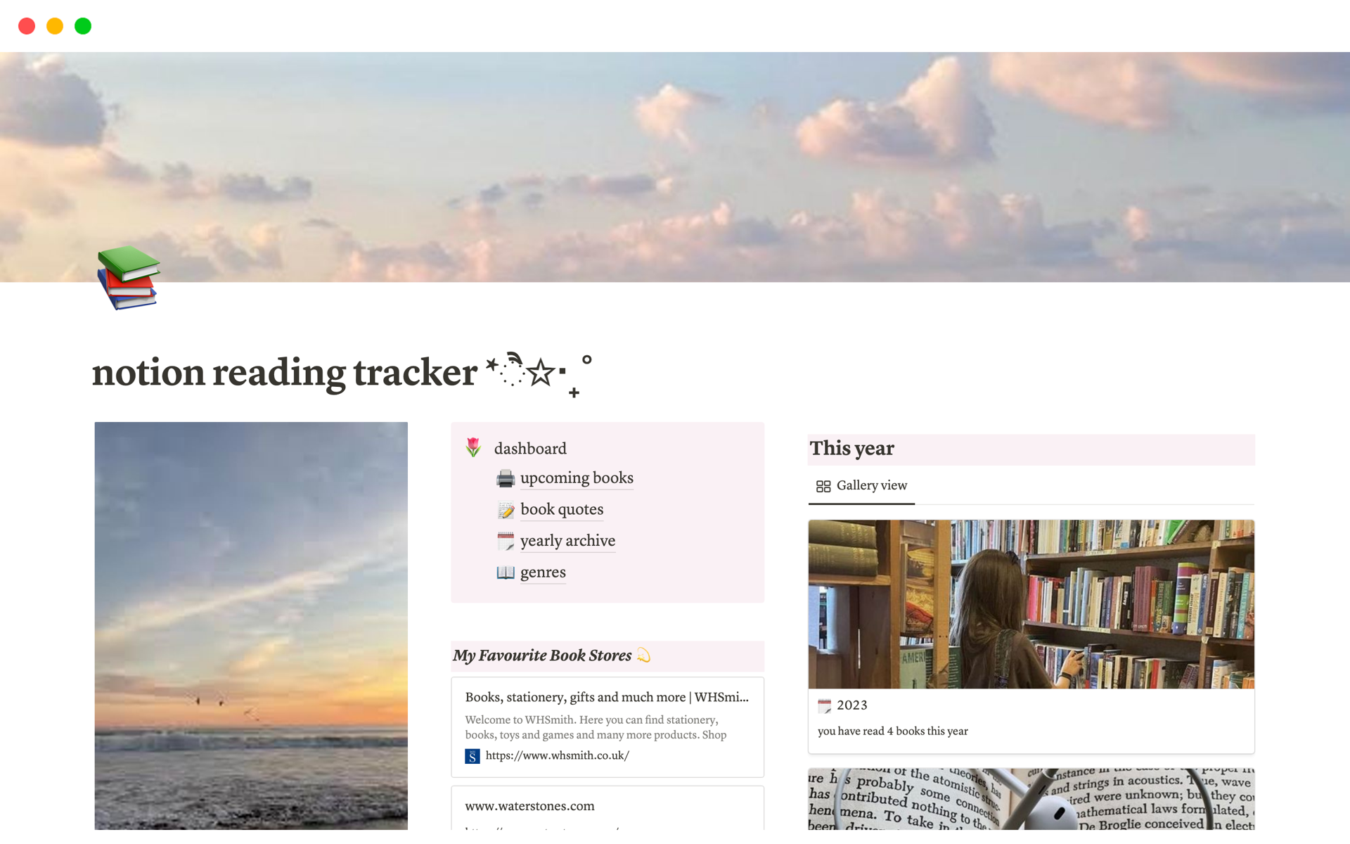 Vista previa de plantilla para notion reading library tracker