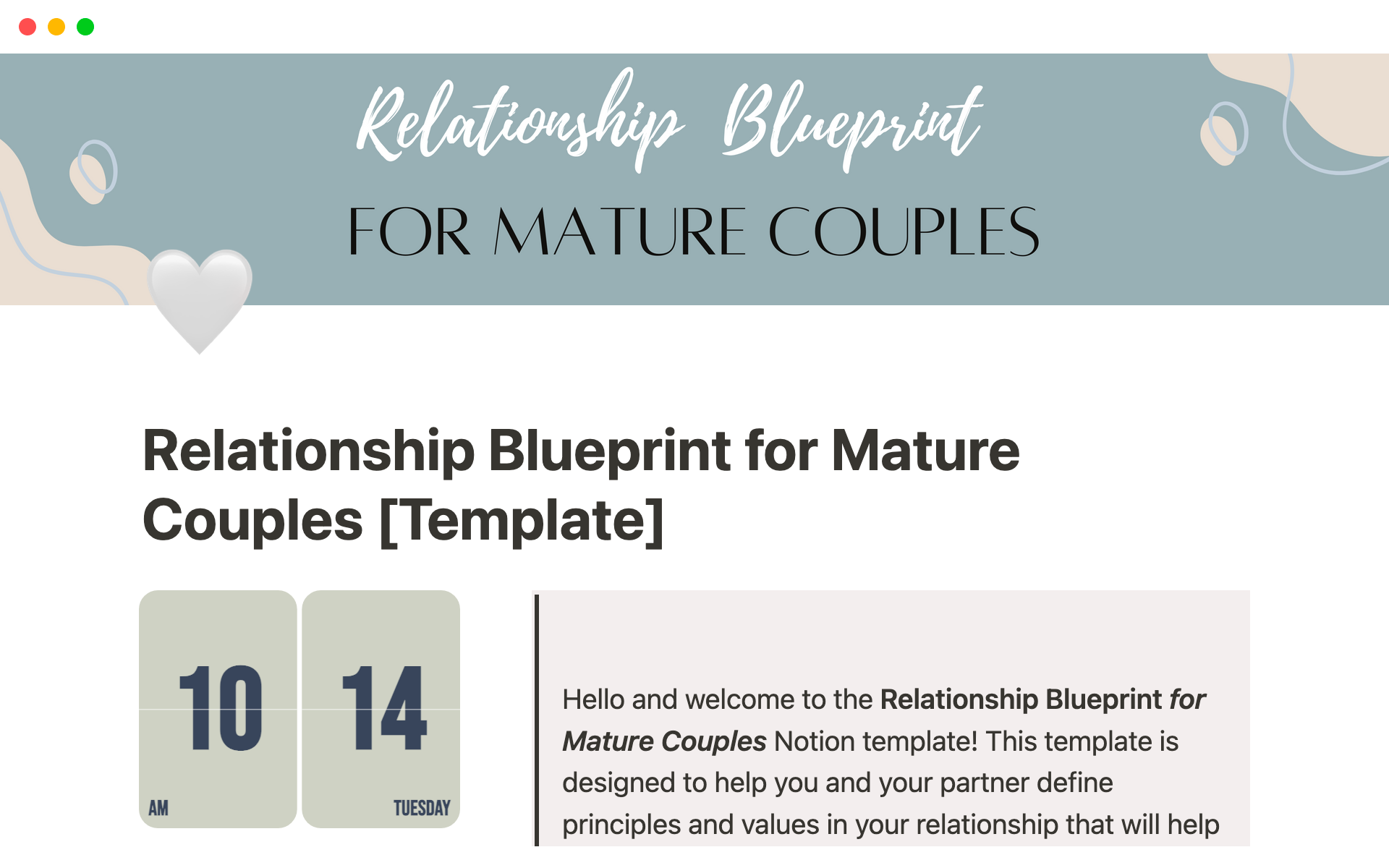 The Relationship Blueprint for Mature Couples template is a comprehensive digital tool that encourages mature couples to explore, define, and align their relationship values, enhancing their bond and paving the way for a fulfilling long-term partnership.