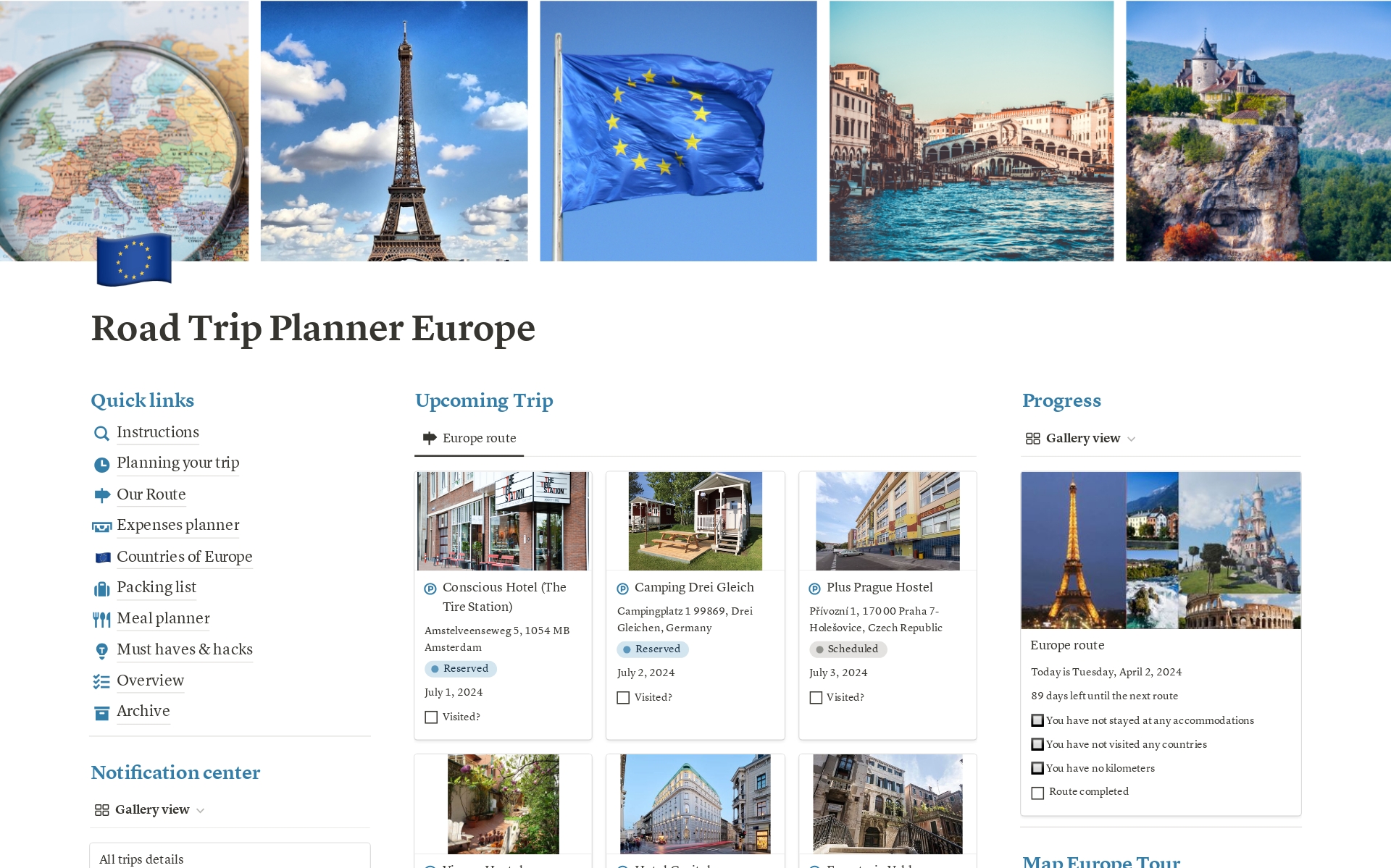 En förhandsgranskning av mallen för Road Trip Planner Europe