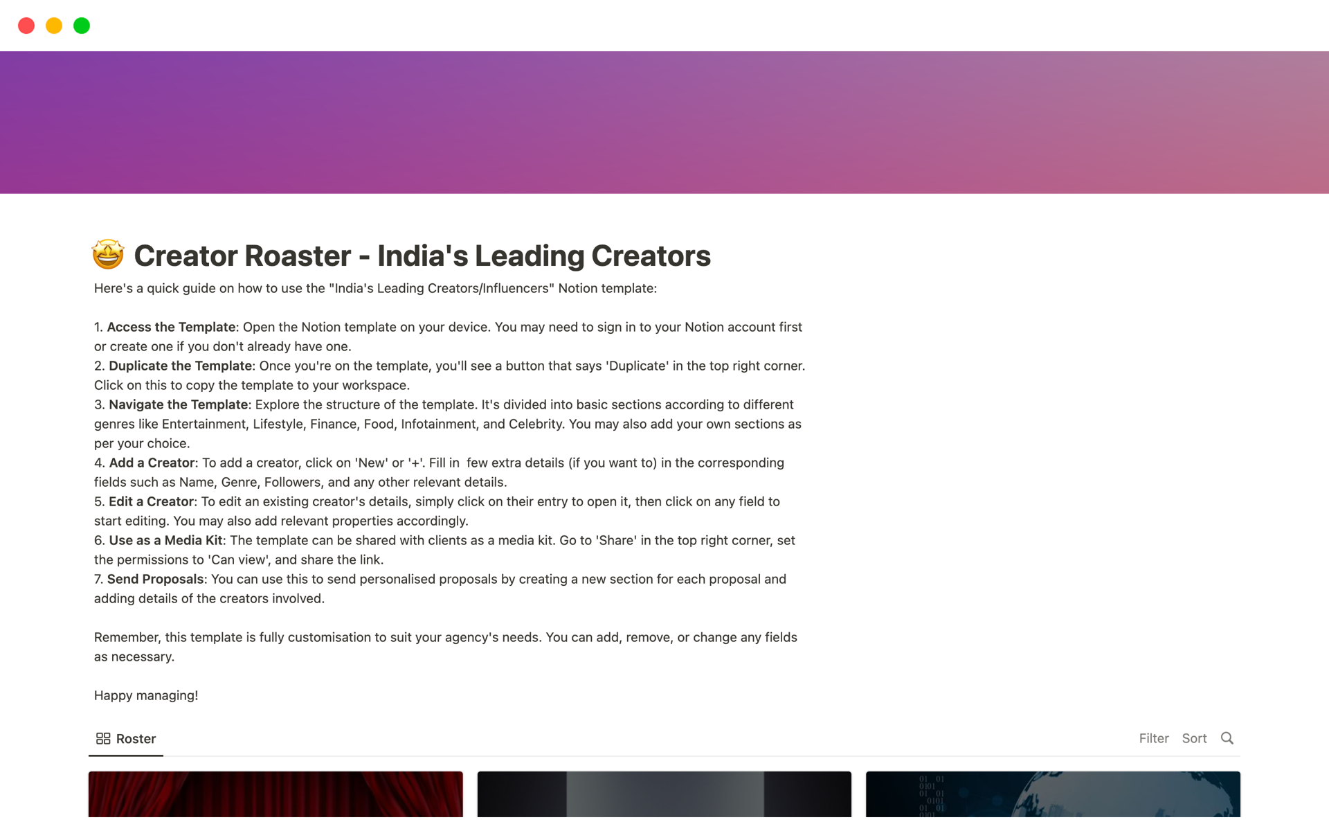 En forhåndsvisning av mal for The Creator Roster - India's Leading Creators