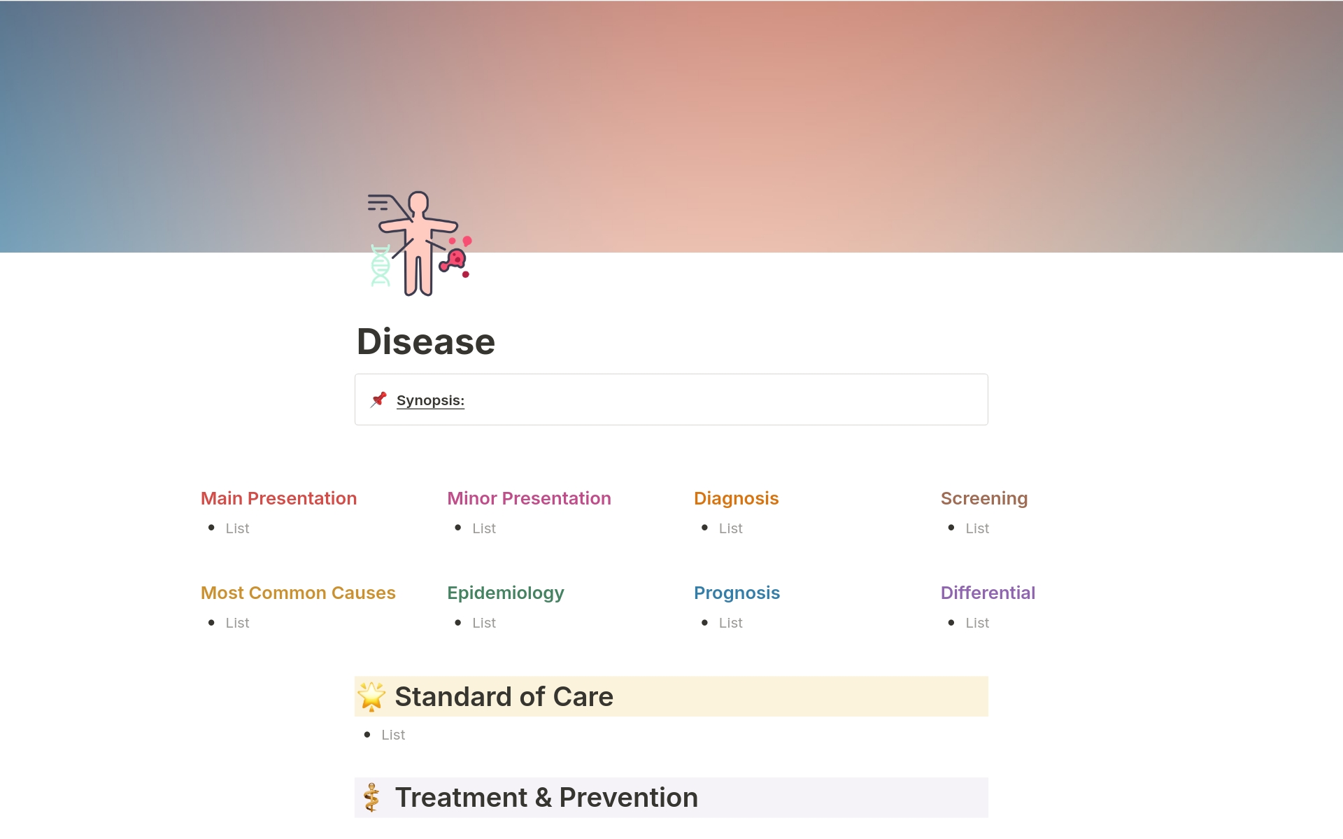 En förhandsgranskning av mallen för Medical Disease Info: Clinical Notebook