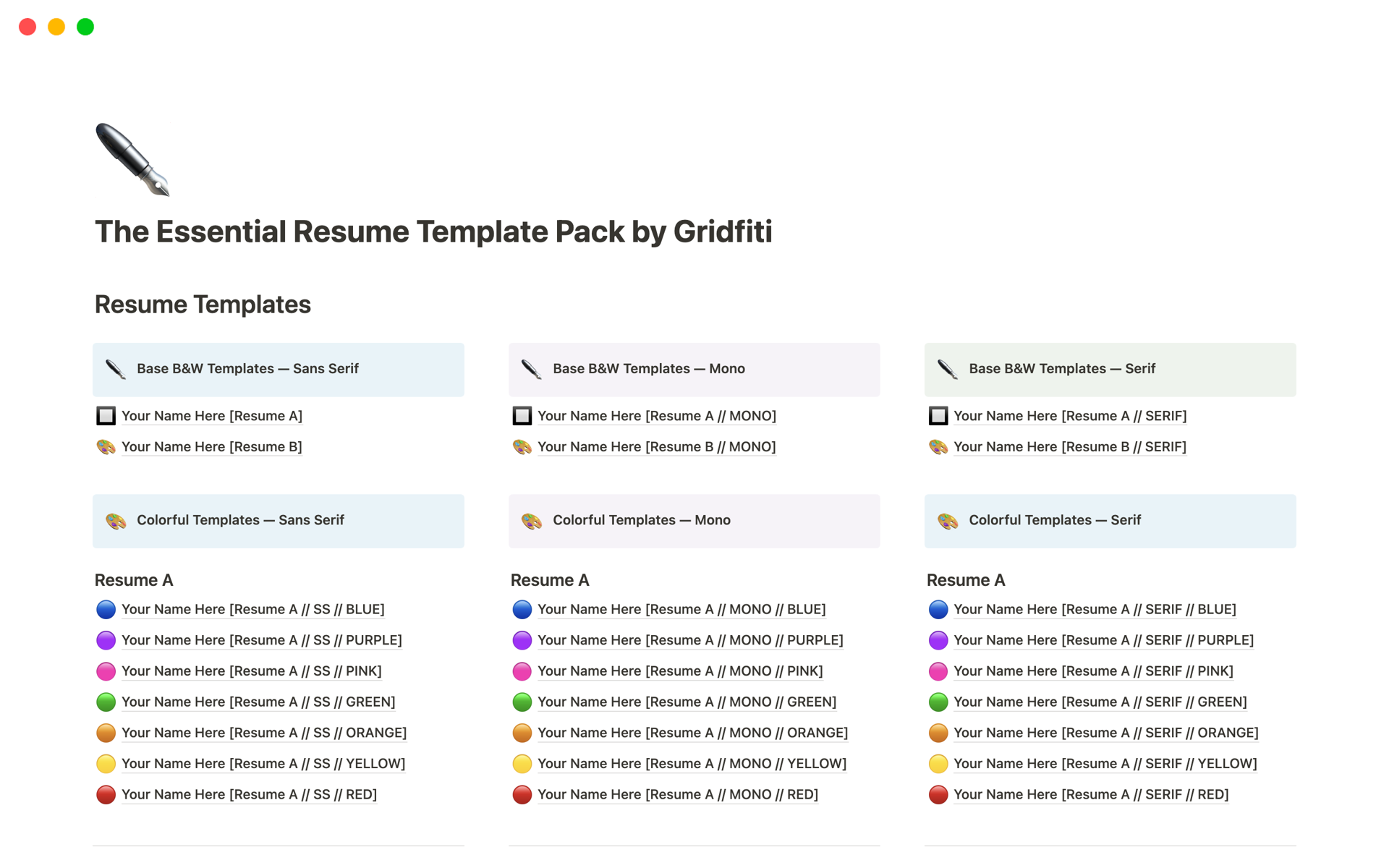 En förhandsgranskning av mallen för The Essential Resume Template Pack by Gridfiti