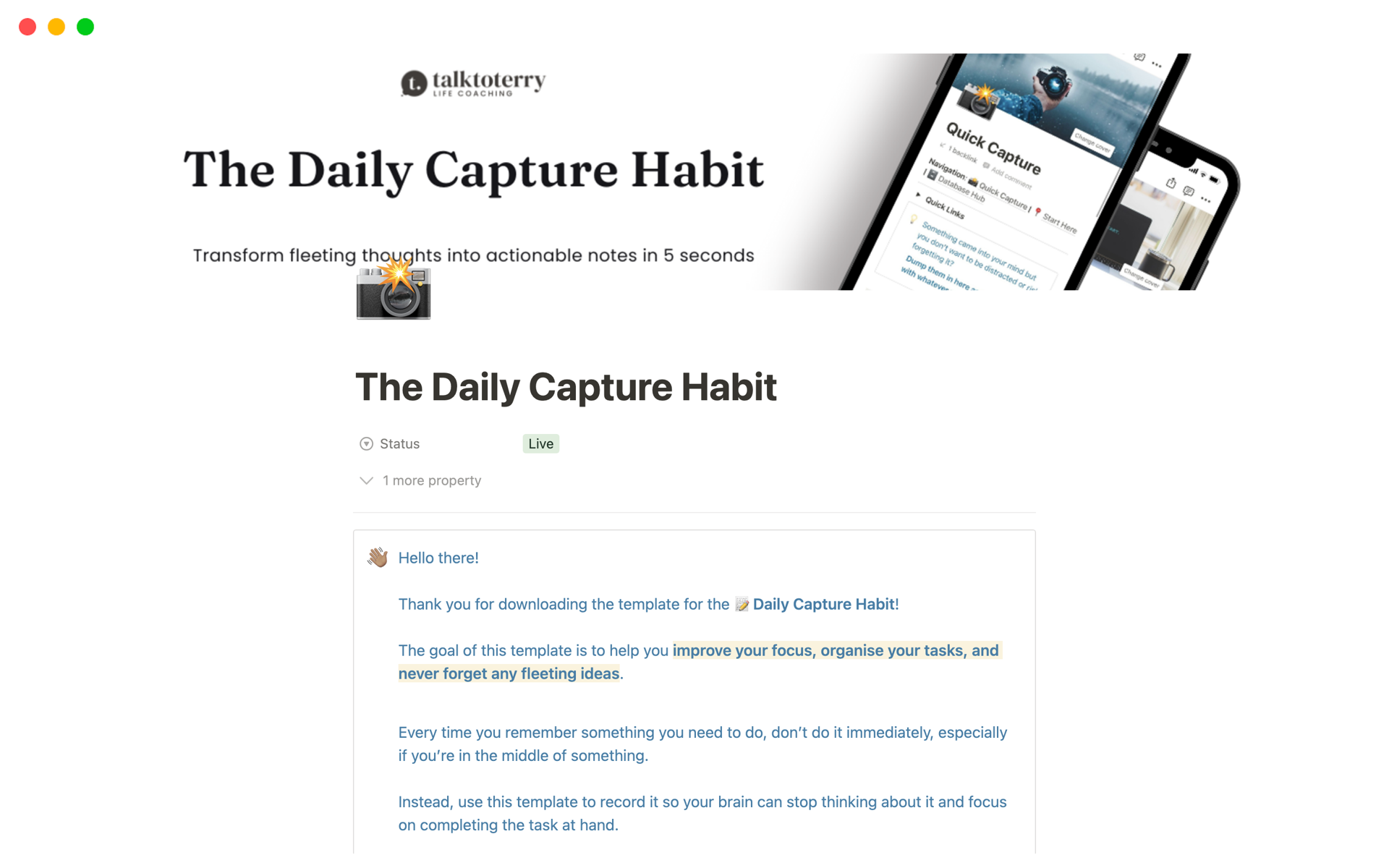 Vista previa de una plantilla para The Daily Capture Habit