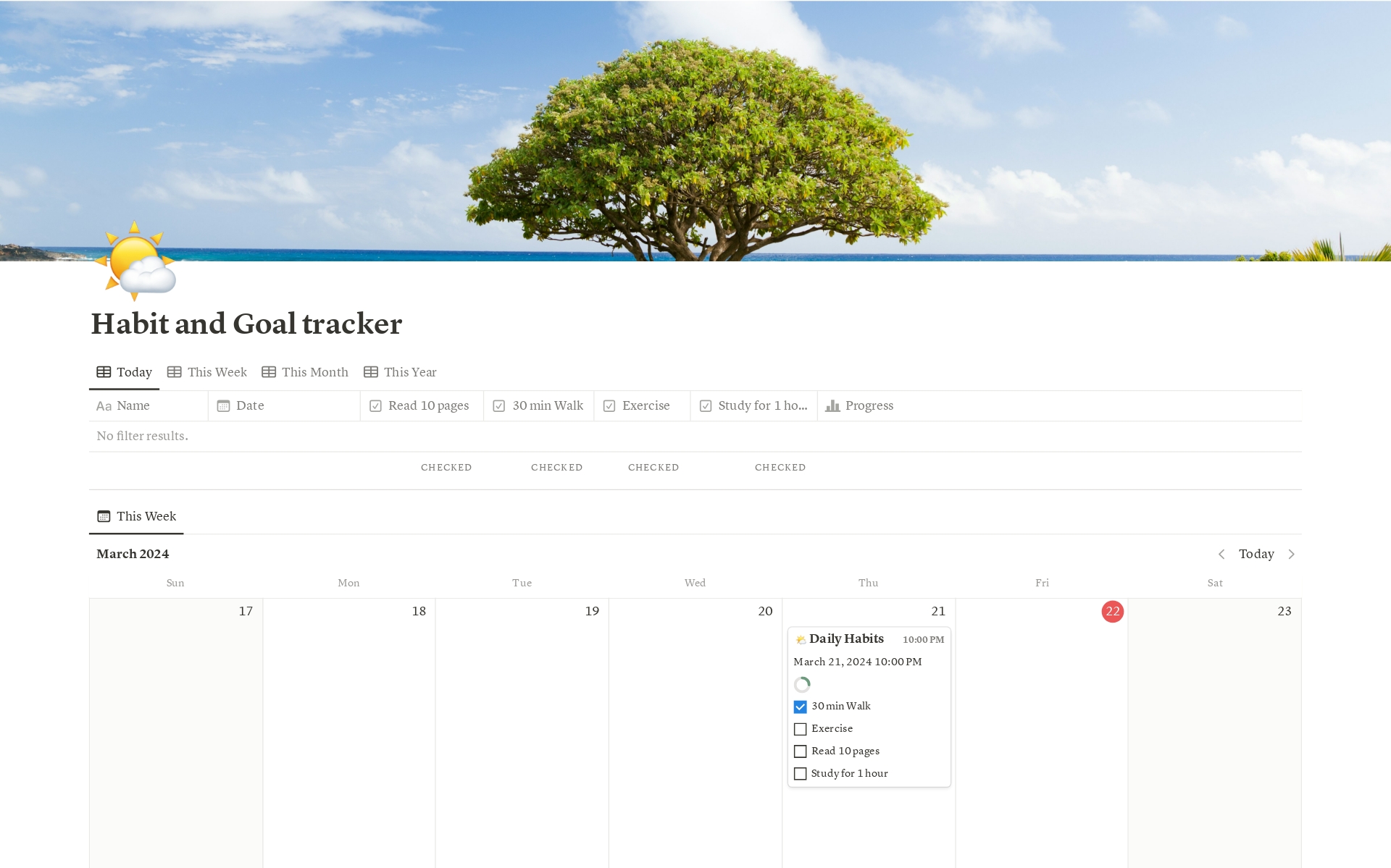 Introducing our Notion template designed to help you track habits and plan tasks for goal achievement. With customizable sections, it empowers you to optimize your time and productivity efficiently. The "Habit Tracking" section allows you to monitor daily habits