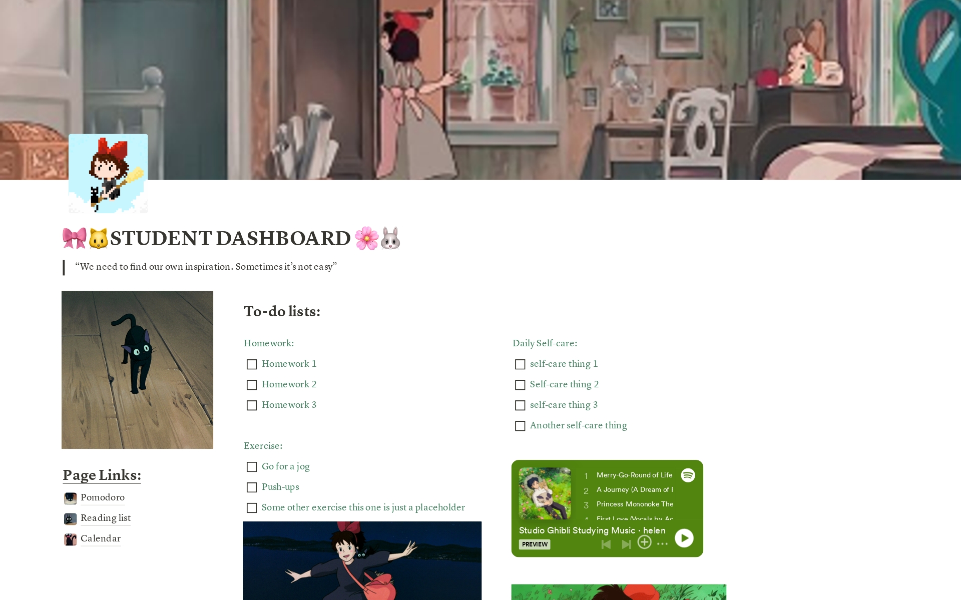 Simple yet cute Kiki's delivery service student dashboard. 