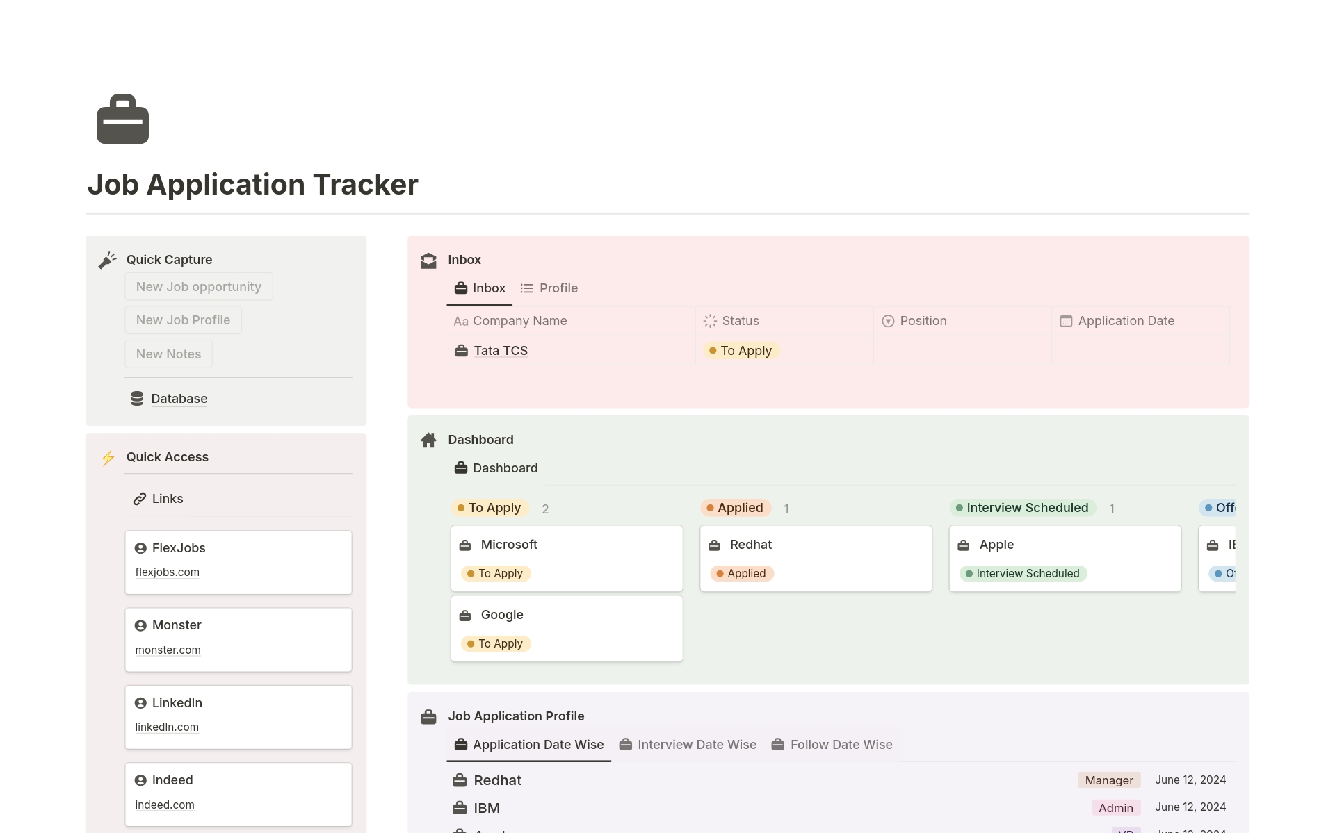 Vista previa de plantilla para Job Application Tracker