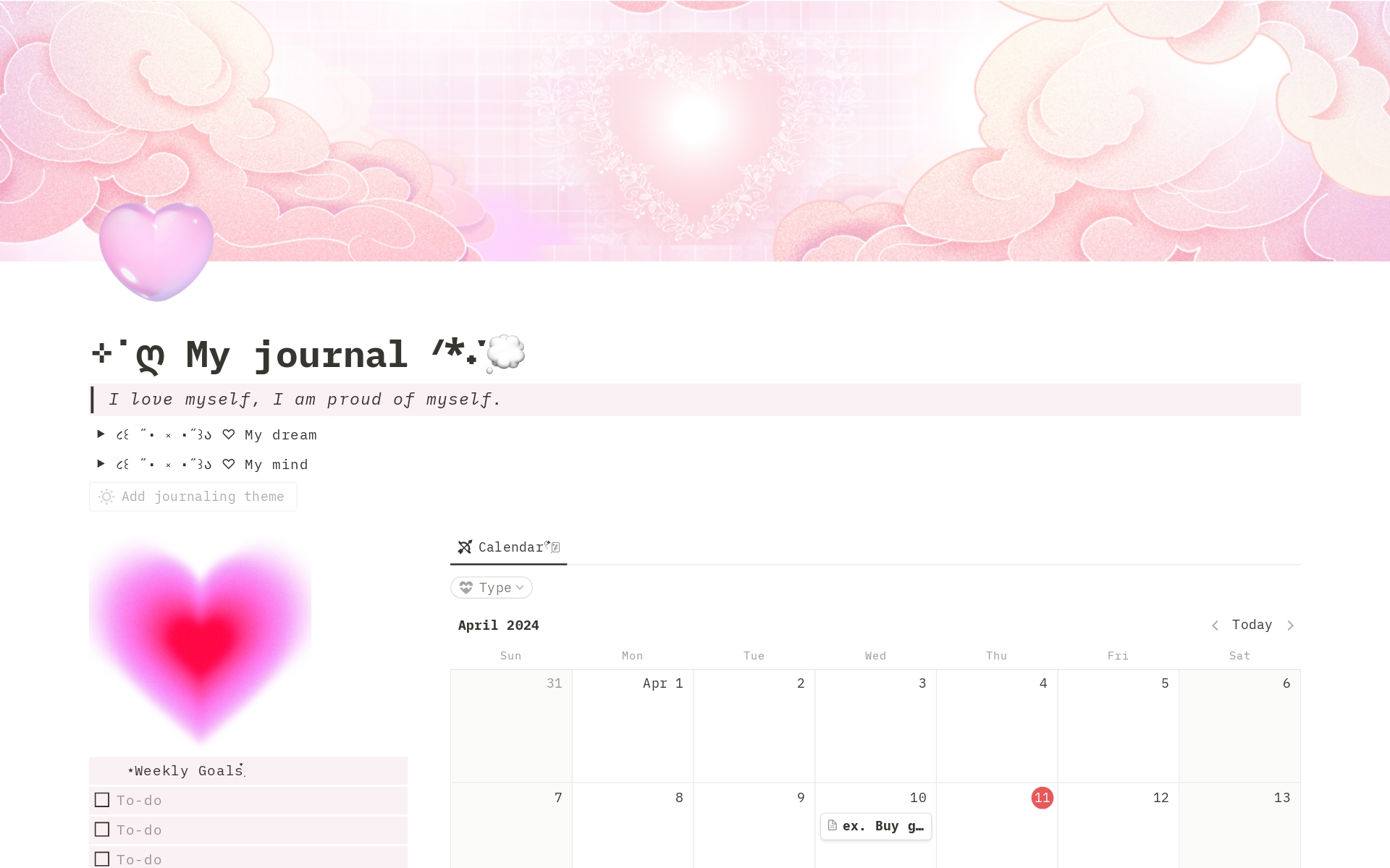 Here is soft and cute pink Notion Homepage. It includes Journaling page, Study Planner, To-do lists, Shopping lists, Watching and Reading lists. 
