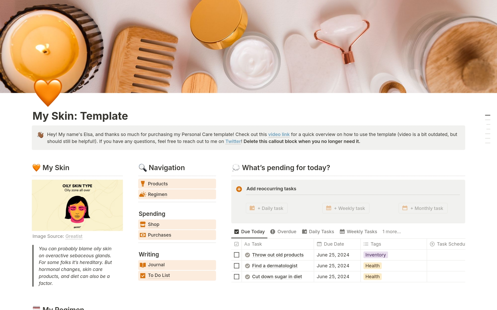 Manage your skincare with the Personal Care Template! ✨💖 Track past and current products, maintain your morning and evening routines, journal your skin's progress, and monitor your spending. Stay organized and financially savvy while optimizing your skincare routine.