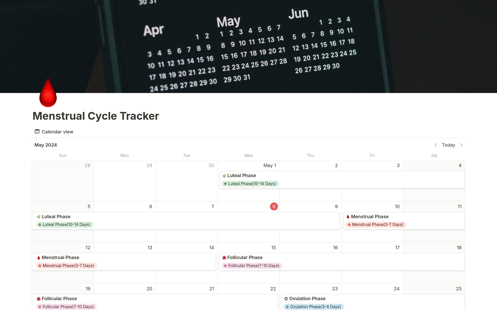 Gain control of your cycle! This customizable menstrual cycle tracker template for Notion helps you predict periods, track symptoms, and optimize your well-being throughout the month.