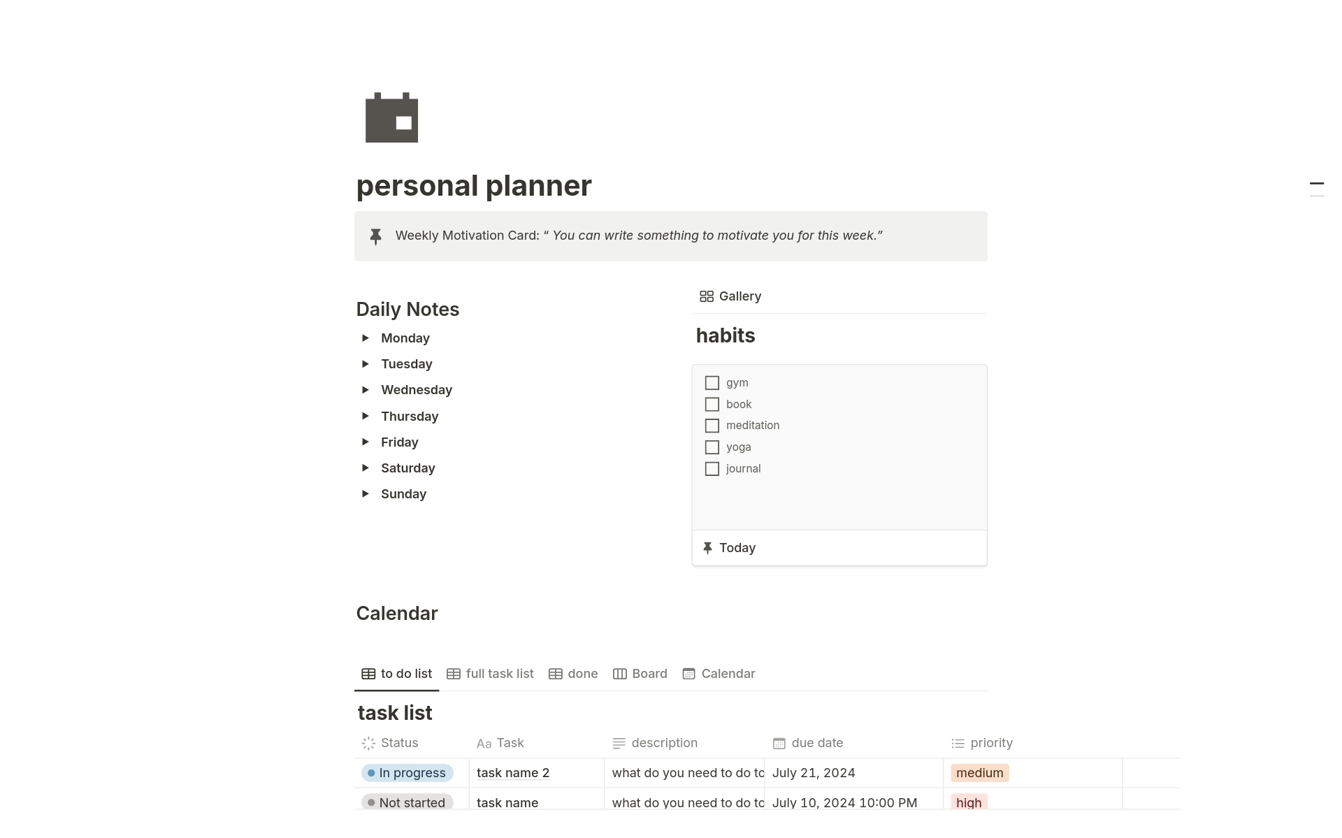 A template preview for personal planner