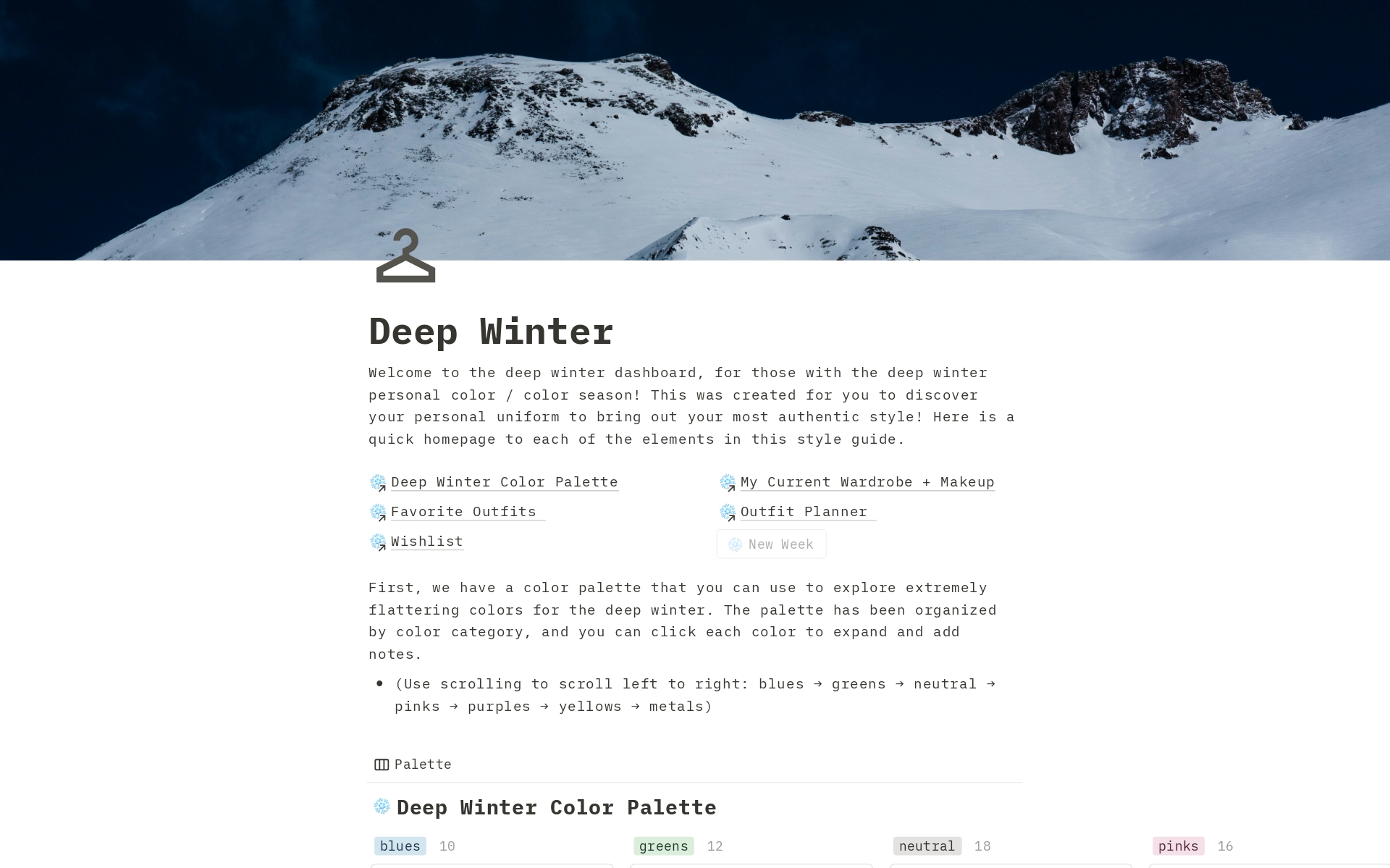 A template preview for Deep Winter Seasonal Color Style Guide